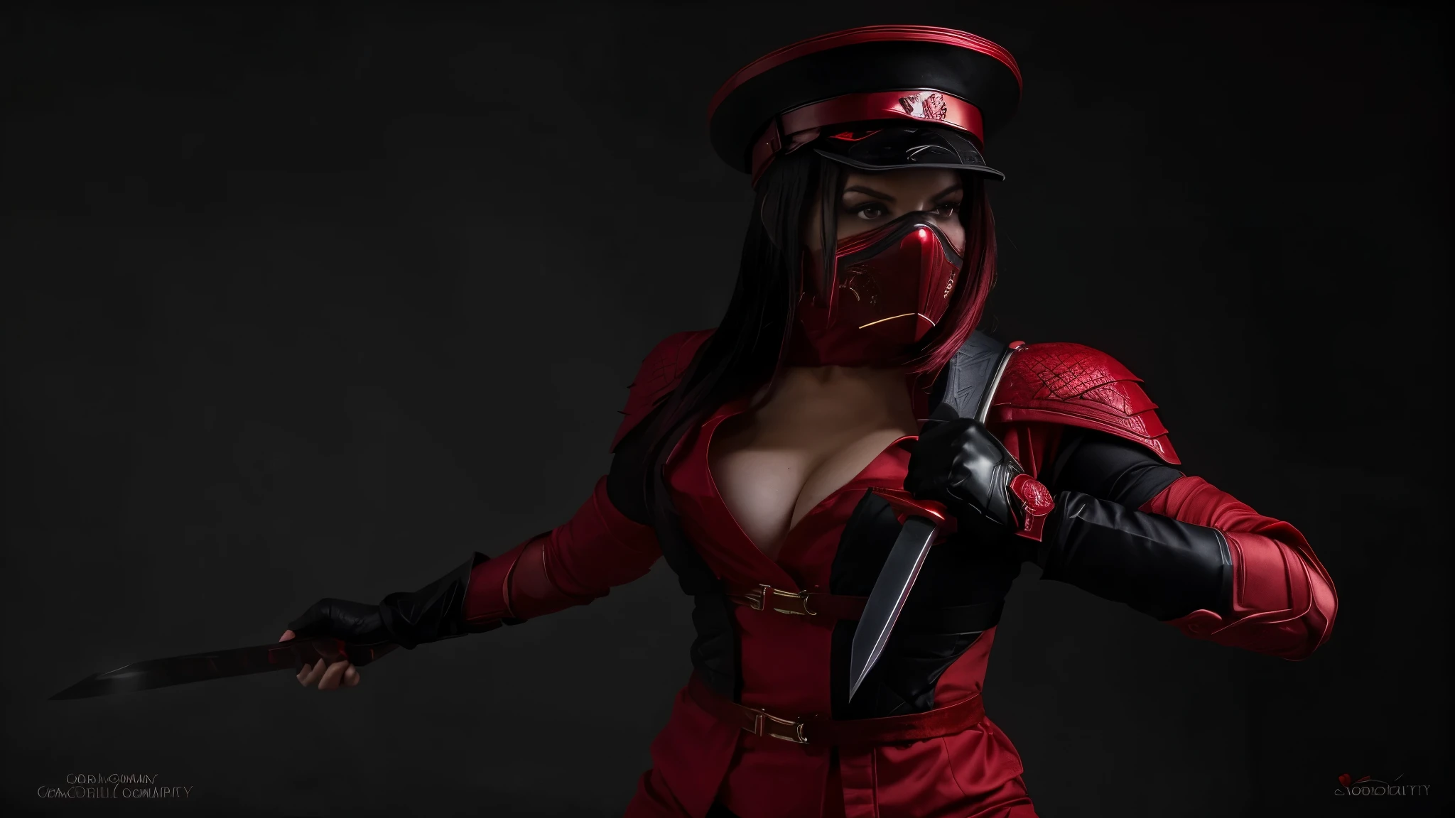 woman in a red and black suit with a sword, character from mortal kombat, lady in red armor, cgssociety inspired, Woman Rouge Killer, red uniform, Mortal Kombat 11, raspberry themed, in mortal combat, crimson attire, red and black suit!!!, cosplay photo,