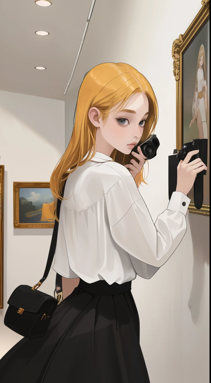 woman holding camera, in the art gallery, photo of a girl, art, Young girl, Girl with golden hair, holds the camera, looks at the viewer, in a white shirt,  near the wall with paintings, Bright room