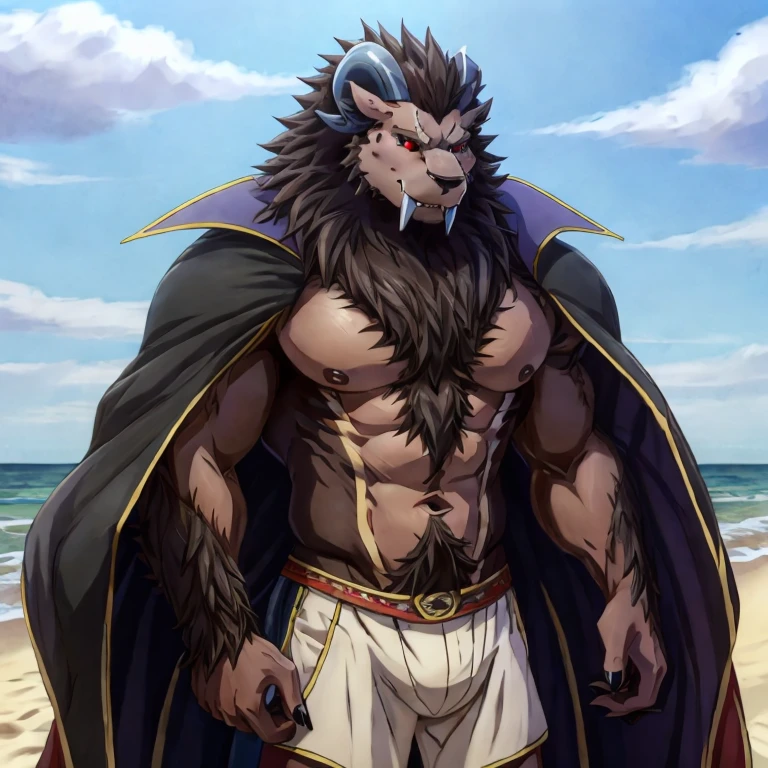 Leonhardt,Sacrificing the Princess and the King of Beasts,male,adult,lion,goat horns,alone,4K,best quality,best quality,looking at the audience,fangs,hairy body,bare arms upper body nude,not wearing clothes,bare chest,Hairy chest,furry tail,chest muscles,chest muscles粉红乳头,Six-pack abs,anatomically correct,Delicate fur,pride,soft shadow,Majestic detailed face,High quality eyes,black eyes with red pupils,Sharp eyes,shorts,Cloak,,Grandiose,brave,Confident smile,Strong,mature,beach,beach,seaside,Blue sky and white clouds