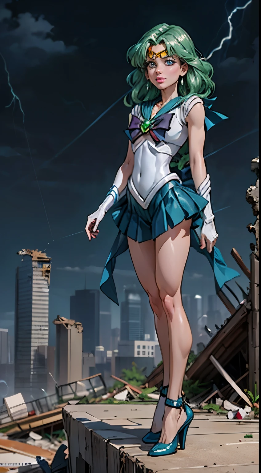 ((cinematic lighting)), (detailed skin), ((paintstrokes)),1girl, marinero Neptuno, (Uniforme Sailor Senshi:1.4), cabello verde oscuro, cabello mediano, Falda suplicante, La mejor calidad, Pendientes, Obra maestra, High resolution, Detalles intrincadoangwa style )), photographic, (Guantes blancos de codo:1.1), jewely, pecho mediano, cuerpo completo, dynamic background, Dynamic posture, tacones altos,,More detailed 8K.motor irreal:1.4,UHD,La mejor calidad:1.4, fotorrealista:1.4, textura de la piel:1.4, obra maestra:1.8,obra-prima, mejor calidad,objeto Objeto], (detailed face features:1.3),(manos Detallado),(Apocalyptic destroyed city:1.7),(white Botas por encima de la rodilla: 1.4), gargantilla, (Guante Blanco:1.4), gargantilla verde, (muscular legs), Arboledas de codos, jewely, pendientes, falda verde, only one, cuerpo completosbian, pelos verdes,(fondo atardecer:1.4),(Sailor neptune:1.4),(medio cuerpo:1.4),4 k detail fantasy,(Realista,, Realista: 1.37),(manos detailed),(blue background water thunder lightning rain water drops falling:1.4)