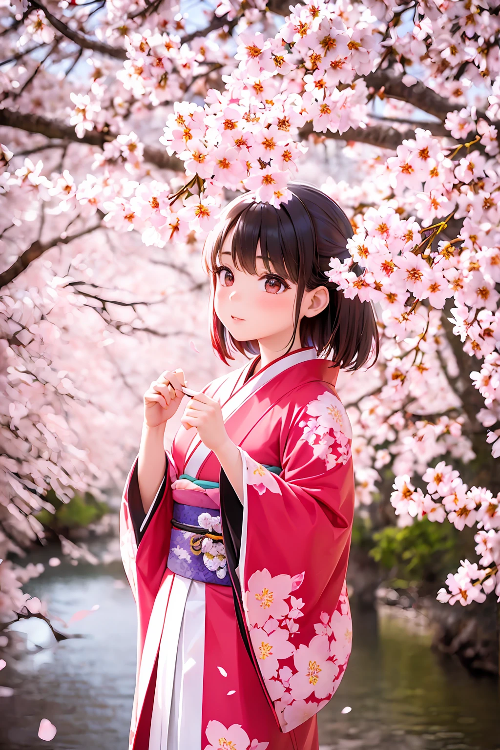 Generate a captivating illustration set beneath the branches of a 500-year-old cherry blossom tree, where petals gently dance in the air. Picture a young girl gracefully tying a traditional kimono sash (known as "obi") under the blooming sakura. Capture the scene with a serene ambiance, emphasizing the timeless beauty of the ancient tree and the ephemeral nature of the falling petals. Utilize a rich color palette, accentuating the vibrancy of both the sakura blossoms and the girl's kimono. Focus on intricate details, such as the texture of the kimono fabric and the delicate movements of the falling petals. Infuse the illustration with a sense of tranquility and reverence, creating a visual narrative that pays homage to the enduring beauty of nature and the cultural significance of cherry blossoms., BREAK, 1girl, solo, sakura matou, wearing a kimono, japanese outfit, high res, sharp focus, 8k ultra detailed,