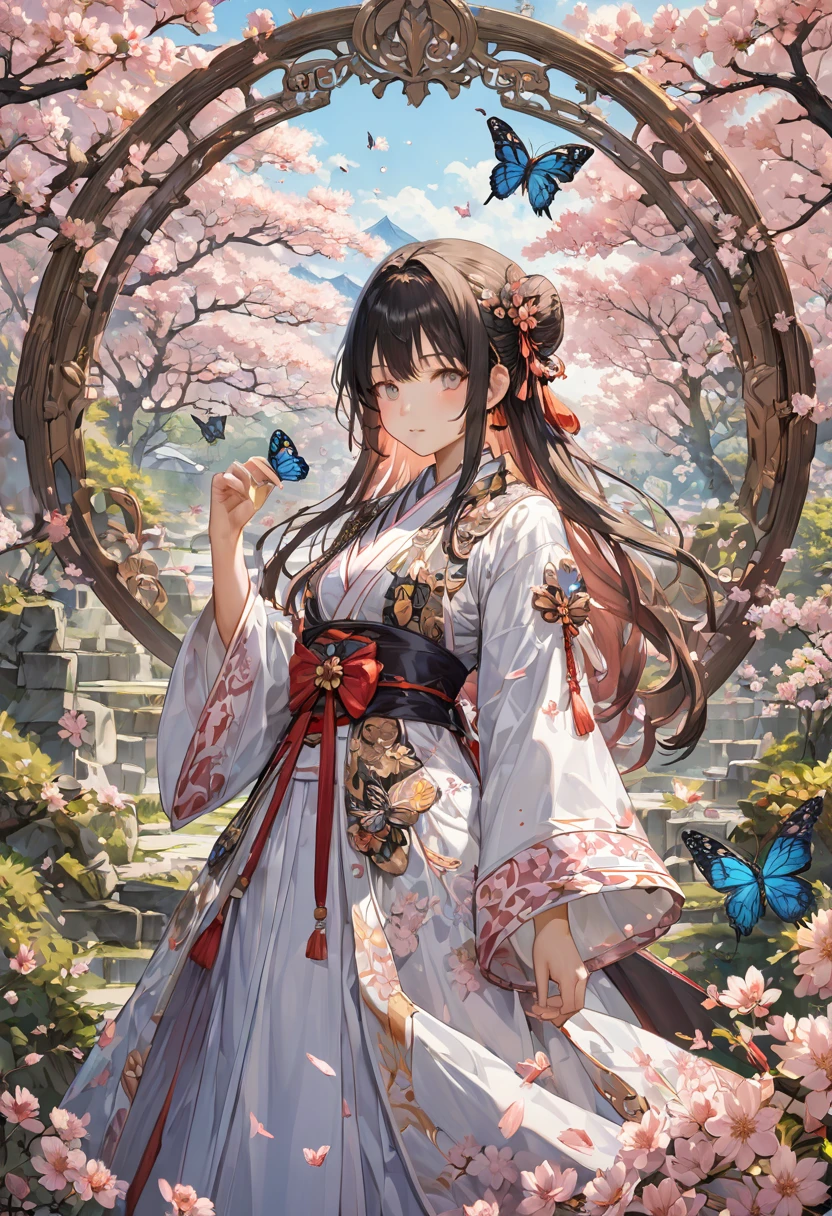 Sakura Maiden, girl, Look at a butterfly in the flower, best quality, masterpiece, Representative work, official art, Professional, Ultra intricate detailed, 8k