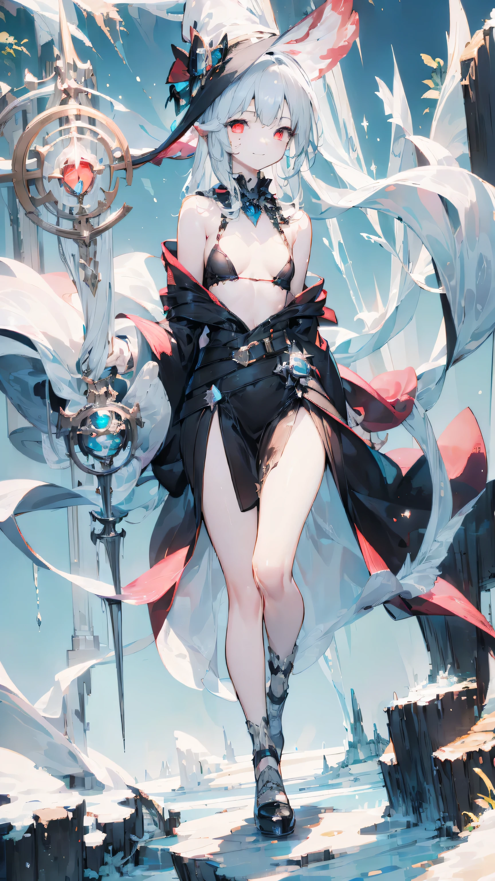 (masterpiece, top quality, best quality, official art:1.2), extreme detailed, 1girl, red eyes, silver hair, long hair, short girl, (small breasts:1.5), ff14style, (black mage:1), magician dress, black robes, white coat, very long straight hair, silver hair, small breasts, small girl, smile, full body, holding a magic staff, outdoors, snow