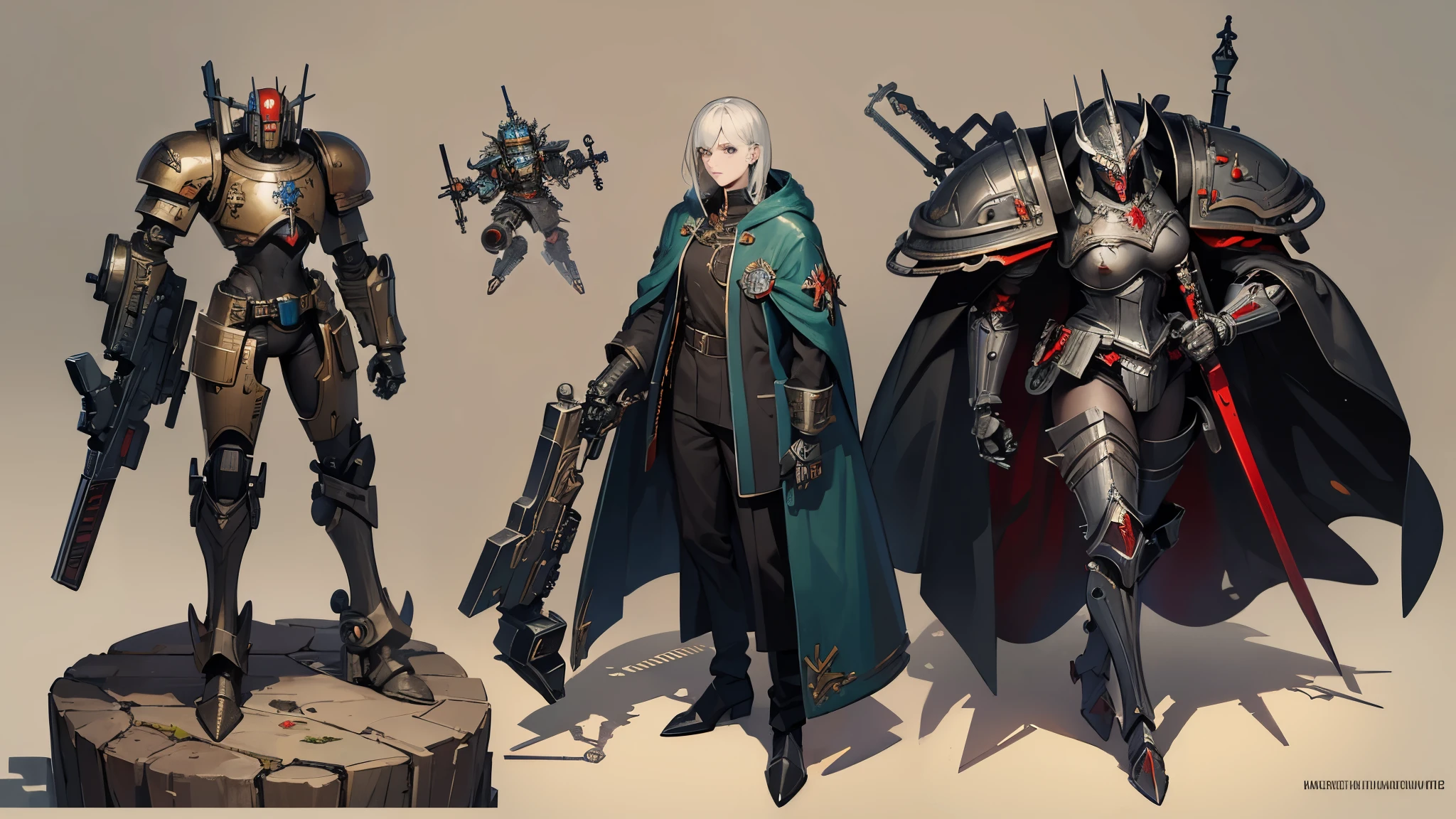 Mechanisch, Warhammer 40k, Techpriester, 2 Arme mit eine Hellebarde in der Hand, 2 additional robot arms with weapons on them, Mechanische Ruinen im Hintergrund, Rote Robe, Suchend