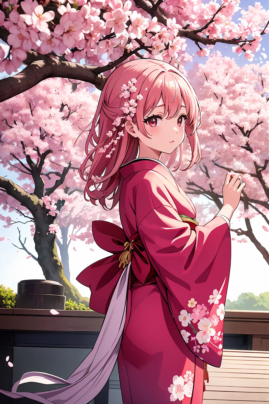 Generate a captivating illustration set beneath the branches of a 500-year-old cherry blossom tree, where petals gently dance in the air. Picture a young girl gracefully tying a traditional kimono sash (known as "obi") under the blooming sakura. Capture the scene with a serene ambiance, emphasizing the timeless beauty of the ancient tree and the ephemeral nature of the falling petals. Utilize a rich color palette, accentuating the vibrancy of both the sakura blossoms and the girl's kimono. Focus on intricate details, such as the texture of the kimono fabric and the delicate movements of the falling petals. Infuse the illustration with a sense of tranquility and reverence, creating a visual narrative that pays homage to the enduring beauty of nature and the cultural significance of cherry blossoms., BREAK, 1girl, solo, sakura matou, wearing a kimono, japanese outfit, high res, sharp focus, 8k ultra detailed,