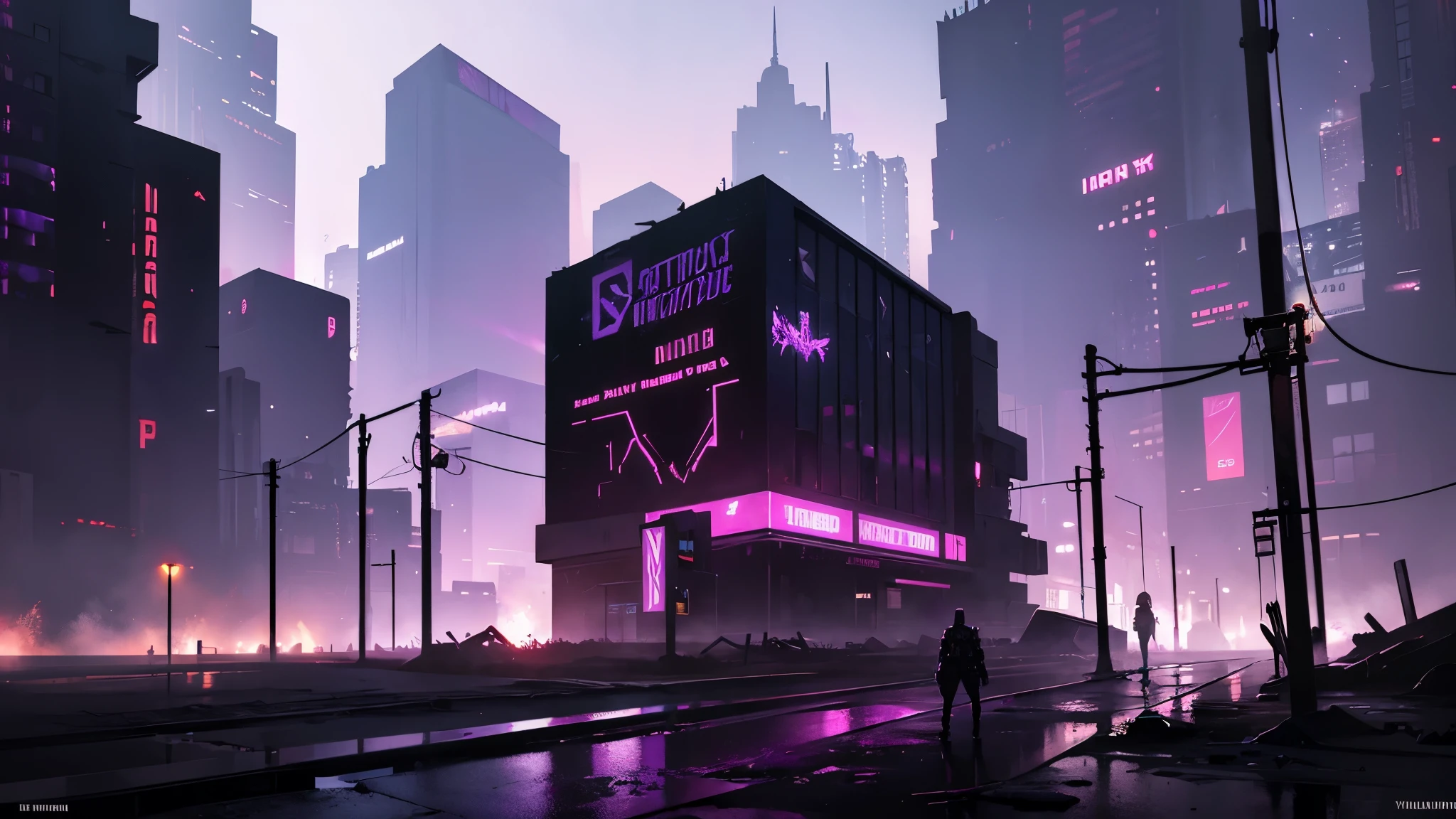 for lost relics in the post-apocalyptic wasteland, illuminated by a haunting purple twilight, dramatic shadows and dynamic lighting, cyberpunk aesthetic, metallic textures, intricate details and sharp edges, futuristic neon signs in the background, enhancing the atmosphere of an advanced and decayed civilization.