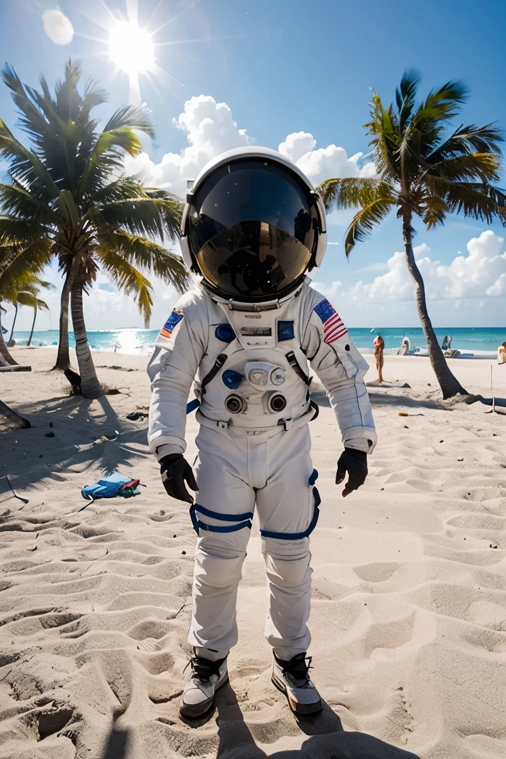 astronaut on miami beach beach enjoying the sun in the spacesuit