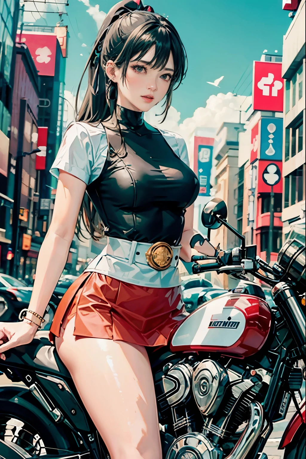 Japan riding a bike,The miniskirt is turning up、white panties、ponytail、beautiful thighs、her knees are up、I can see white pants.、Beautiful panties、beautiful girl、beautiful woman、beautiful woman、****con hentai、Beautiful panties、beautiful thighs、beautiful girl、beautiful woman、Happy!!!, , motorcycle,[ realistic pictures ]!!, High resolution,