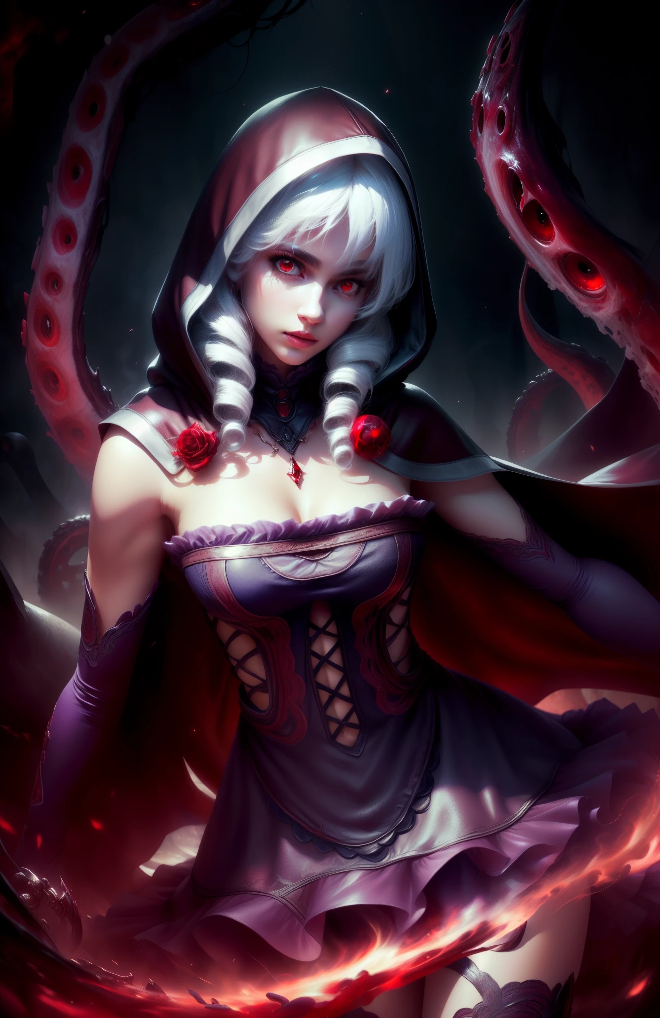 perfect eyes:1.2, detailed eyes:1.4, lying, lying down, dungeon, tentacles, There are many smaller eyes on the tentacles, cephalopod eyes, bloodmagic, viola, red eyes, white hair, twin drills, orb, Face veil, 3d, realistic, hood up, cape, rose, detached sleeves, cleavage, dress, jewelry, frills, skirt, black underwear, cowboy shot, 1girl, solo, (masterpiece:1.6, best quality), 8k, insane details, intricate details, hyperdetailed, hyper quality, high detail, ultra detailed, professional, HDR, ray tracing reflection, cinematic lighting,