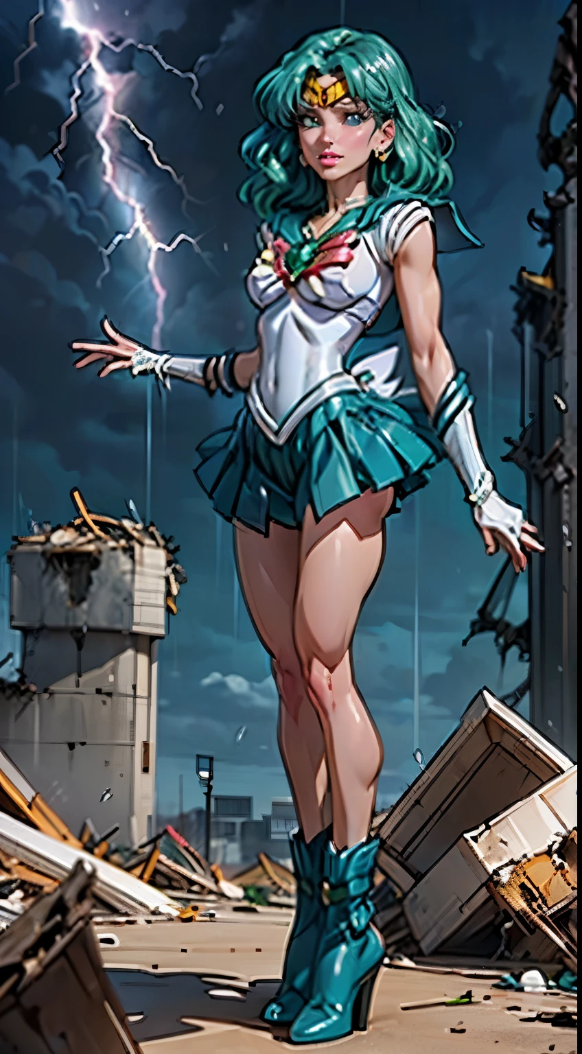 ((cinematic lighting)), (detailed skin), ((paintstrokes)),1girl, marinero Neptuno, (Uniforme Sailor Senshi:1.4), cabello verde oscuro, cabello mediano, Falda suplicante, La mejor calidad, Pendientes, Obra maestra, High resolution, Detalles intrincadoangwa style )), photographic, (Guantes blancos de codo:1.1), jewely, pecho mediano, cuerpo completo, dynamic background, Dynamic posture, tacones altos,,((slenderest abore detailed 8K.motor irreal:1.4,UHD,La mejor calidad:1.4, fotorrealista:1.4, textura de la piel:1.4, obra maestra:1.8,obra-prima, mejor calidad,objeto Objeto], (detailed face features:1.3),(manos Detallado),(Apocalyptic destroyed city:1.7),(white Botas por encima de la rodilla: 1.4), gargantilla, (Guante Blanco:1.4), gargantilla verde, ((muscular legs)), Arboledas de codos, jewely, pendientes, falda verde, only one, cuerpo completosbian, pelos verdes,(fondo atardecer:1.4),(Sailor neptune:1.4),(medio cuerpo:1.4),4 k detail fantasy,(Realista,, Realista: 1.37),(manos detailed),(blue background water thunder lightning rain water drops falling:1.4)