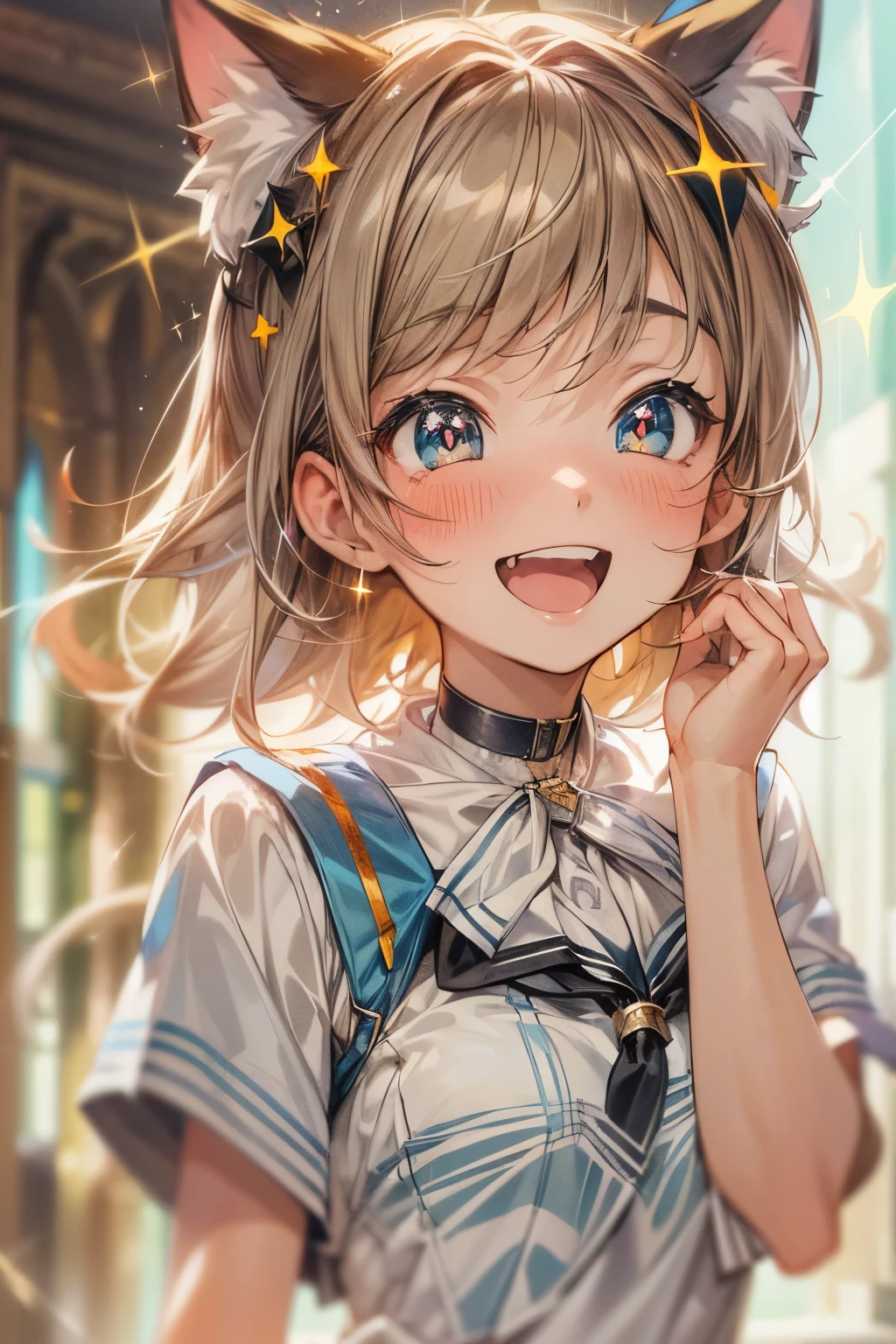 ((Masterpiece)), (Anime:1.5), ((best quality)), (Professional Photography:1.3), (High Definition), (RAW photo:1.2), (), 8K, cowboy shot, cinematic lighting, portlate, (Very unruly hair), Glossy skin, (Walking happily), In front of Cinderella's Castle, (slightly exposed small breast), (pure white school uniform), (Pupils sparkling:1.5), Slender body, small breasts, Open mouth, (laughing face) Textured skin, Cat ears, Pale brown hair, Cute Beautiful Girl, (looking up:1.3),