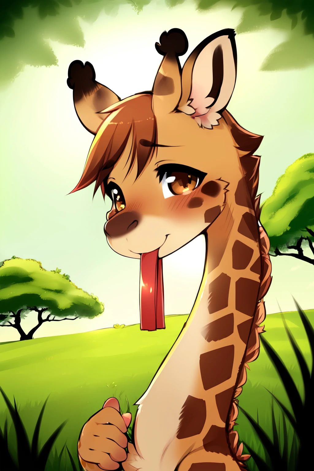Solo, female, giraffe, long neck, brown spots, green grass beneath, chewing, leafy branches in hand, serene expression, by marizu, by kawaiiart, by chibichan, by doodlepup, by artbyviv, nibbling, tranquil, sunlit savanna background.