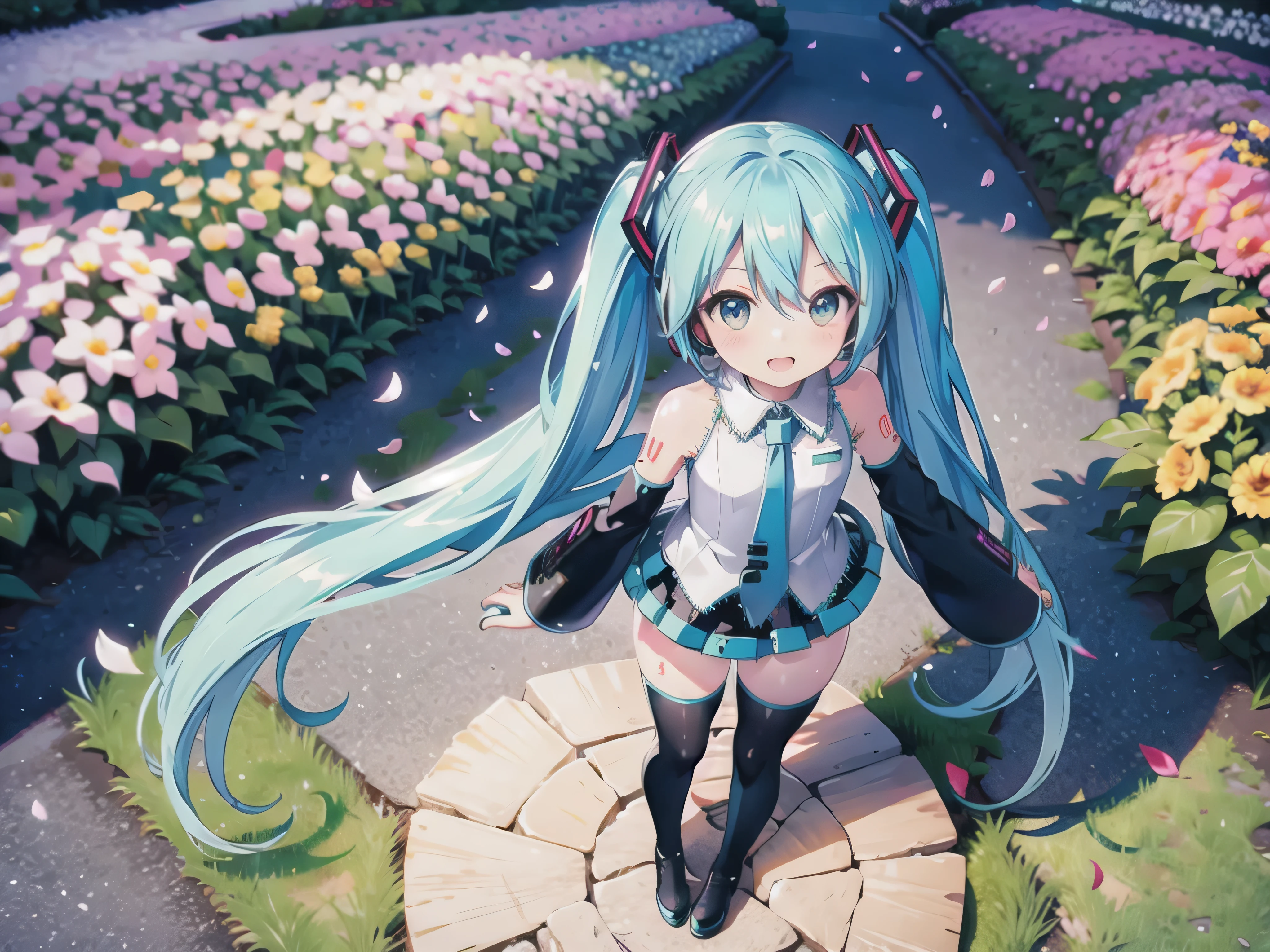 (highest quality, masterpiece, High resolution, super detailed, fine skin, complicated eyes, perfect ???????:1.2), (alone, hatsune miku:1.5), (cute face, low length:1.6), break (grin, open your mouth, blush, Sweat, glowing skin, skirt lifted by the wind, The wind lifts my hair:1.5), (whole body, From above, flower garden, Plain color, colorful flowers, petals dance:1.8), break (Pure white blouse with blue edges, pure white sleeveless clothes with blue edges, solid white color), break (black separate sleeves, black removable sleeves) break (black pleated skirt, The hem of the skirt is blue), break (black thigh high boots:1.2) break (flat chest:1.2), (thin waist, small ass:1.4), (thick thighs:1.8), fisheye lens, telescope lens