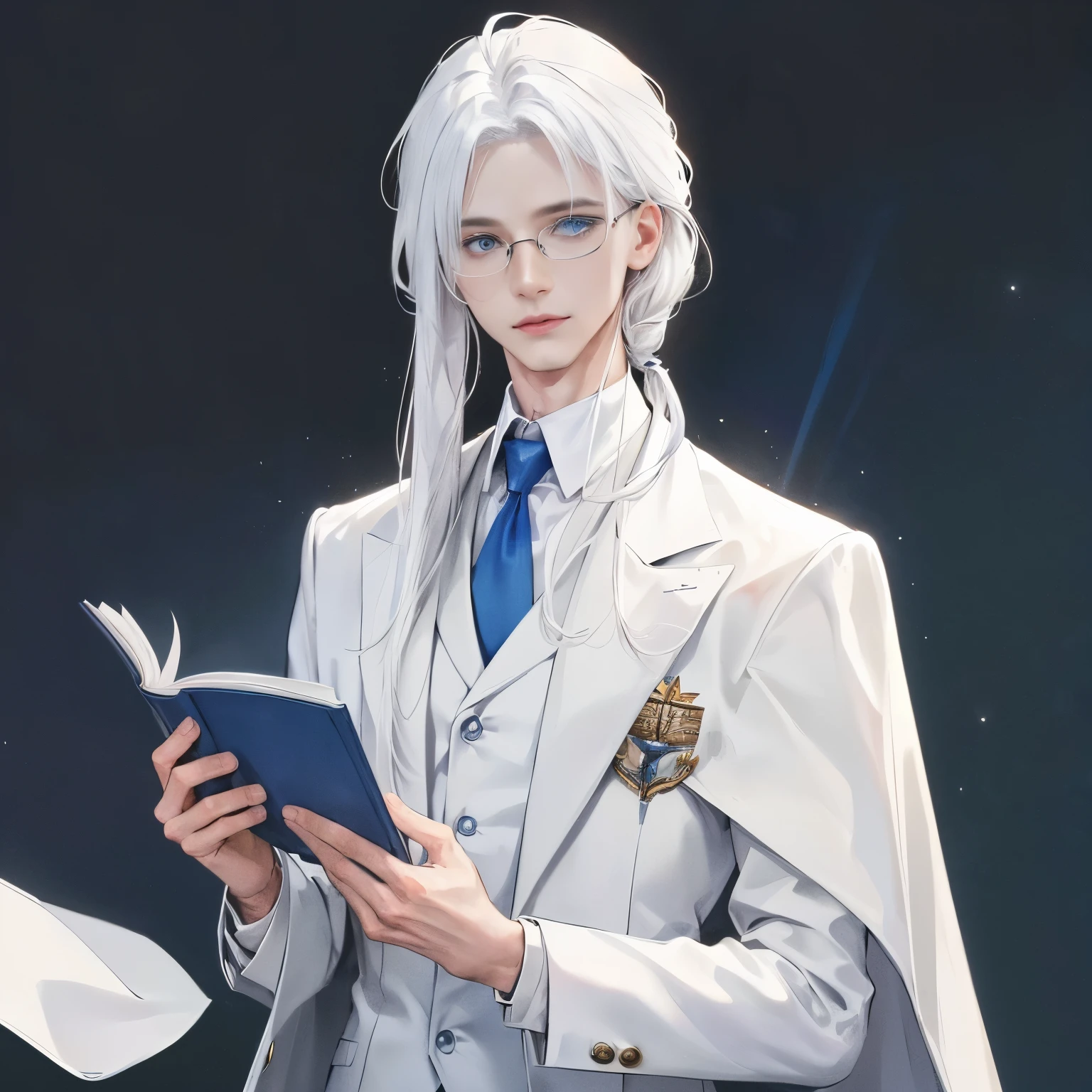 cover for a book, photography of a teacher, a solo man, (((man))), (feminine face), 25 years old, teacher, beautiful boy, (blue eyes), expressive look, white mullet-hair, (((office background))), soft hair, white hair, unshaven, pastel suit, long sleve suit, trousers, wears glasses, super detailed face, perfect body, perfect shapes, realistic image, award winning photography, 8k,