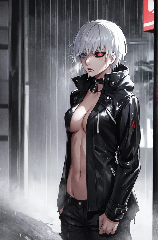sexy female character, Kaneki Fem, unbuttoned hoodie, dripping rain, Red and black color palette, detailed eyes and face, One, heterochromia, Black background, bang, red eyes black sclera, blue eyes normal sclera, black long ash hair, Menacing aura, dark atmosphere, mysterious atmosphere, Intense expression, urban setting, Smoke and shadows, haunting presence, stylish and edgy, ray tracing, perfect combination of light and dark, gaze, Captivating presence, smooth and sharp, Contrast of red and black, supernatural abilities suggested, Rain-drenched streets, atmosphere of danger, Mysterious personality, urban gothic aesthetic, Stormy weather, exciting and alluring, shade of blood red, smoky streets, thoughtful protagonist, stormy skies,(unbutton your pants),(Open the bottom zipper), (Best quality, 8K, A high resolution)