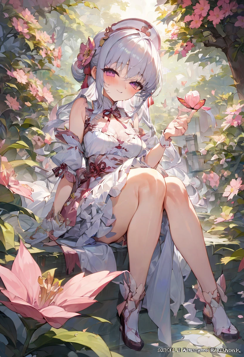 Sakura Maiden, girl, Look at a butterfly in the flower, best quality, masterpiece, Representative work, official art, Professional, Ultra intricate detailed, 8k