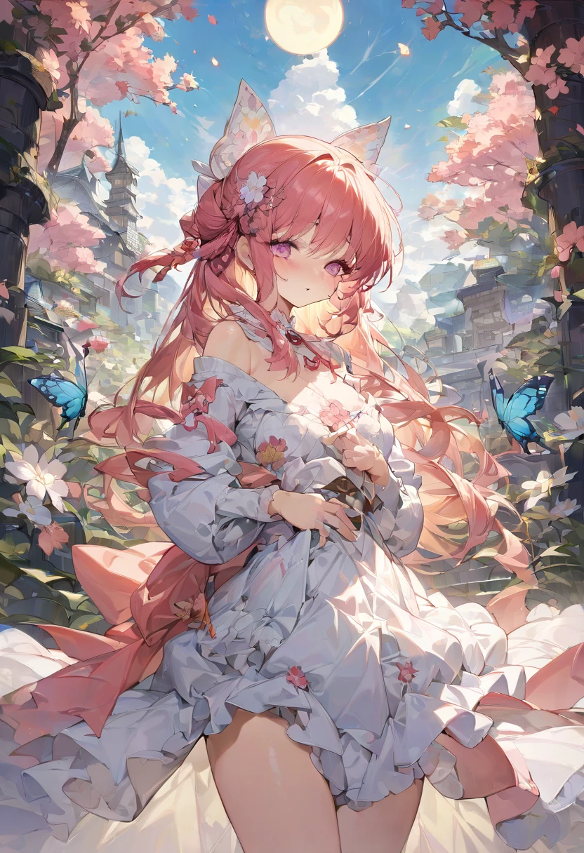 Sakura Maiden, girl, Look at a butterfly in the flower, best quality, masterpiece, Representative work, official art, Professional, Ultra intricate detailed, 8k