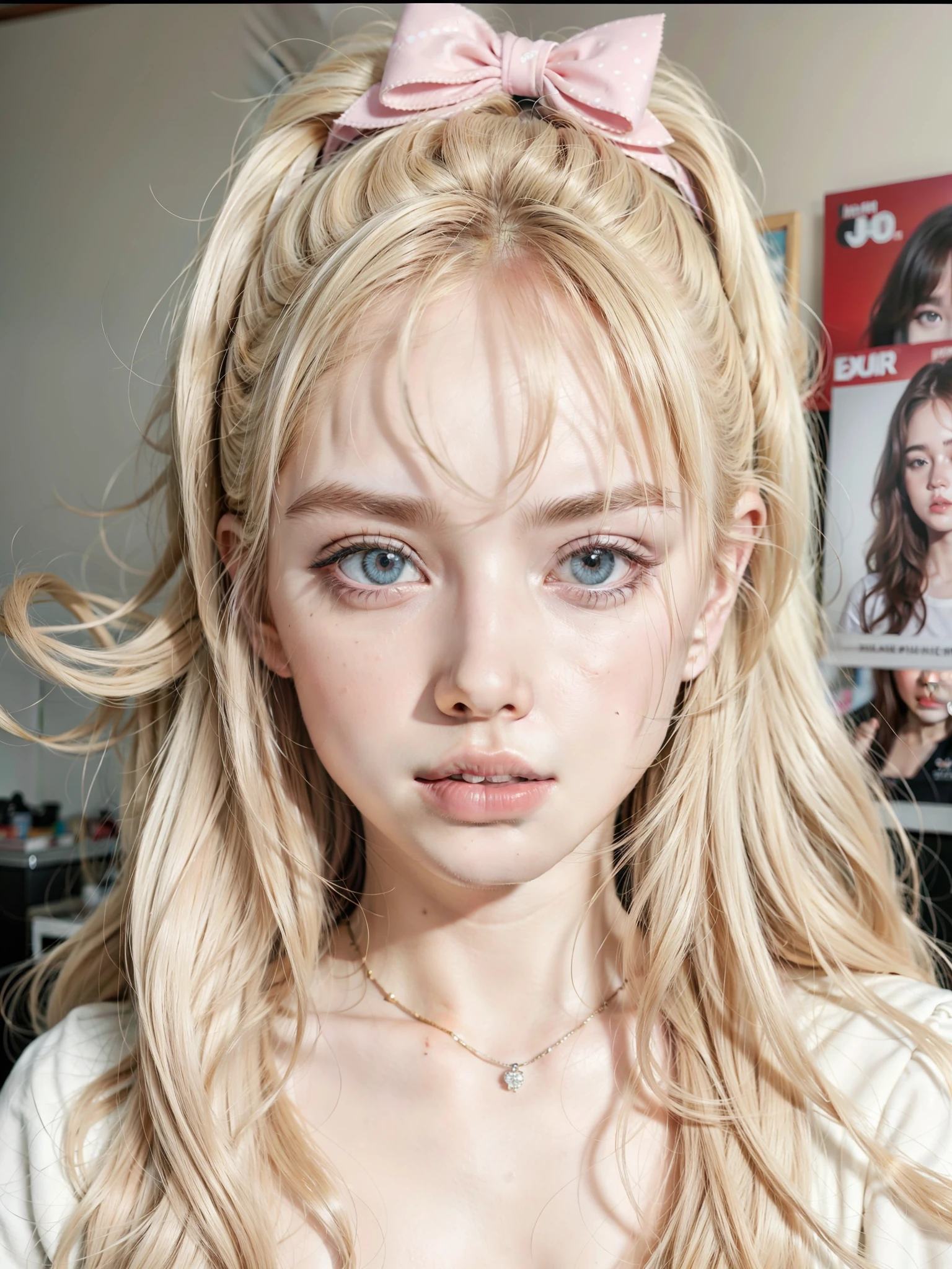 un primer plano de una chica con cabello rubio y un lazo rosa, cabello rubio y ojos grandes, Retrato realista kawaii, pale porcelain white skin, pelo largo y rubio y ojos grandes, bella delfina, long cabello rubio y ojos grandes, dulce conejita ultrarrealista, pale porcelain skin, adolescente hiperrealista, pale round face, retrato de kim petras