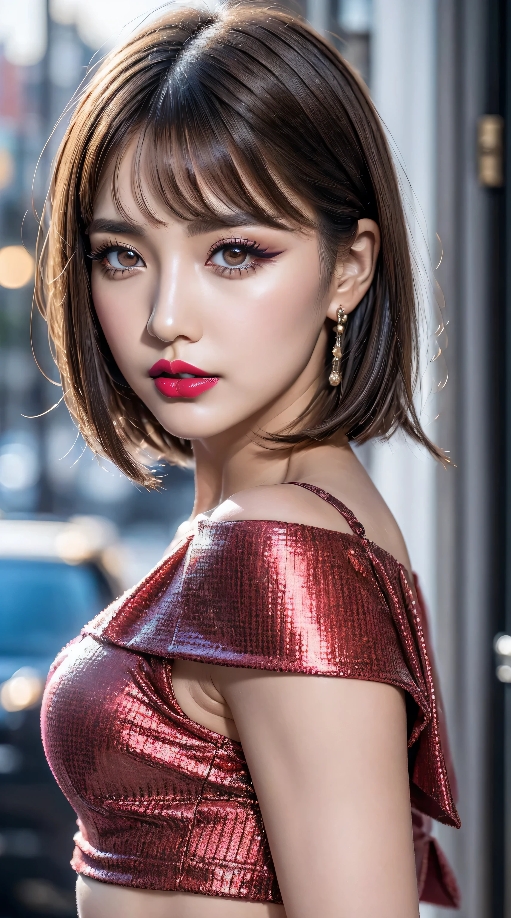 ((perfect round eyes))、dressed, (details of a very beautiful face)(best quality:1.4)16k resolution,(photo realistic:1.65), (realistic:1.65), (smoother lighting:1.05), (increase cinematic lighting quality:0.2), 16k, (1girl:1.4) 21years old、fashion supermodel、realistic lighting, backlighting, light on face, ray trace, (brightening light:1.1), (Increase quality:1.3), (best quality real texture skin:1.2), (ultra detailed eyes), finely detailed face, ((finely quality eyes)), (tired and sleepy and satisfied:0.0), [face closeup], (detailed lips:1.33)、(Detailed nose:1.2)、(Increase body line mood:1.1), (textured skin, skin pores:1.2)、(imperfect skin:1.1), intricate details, ((anatomically correct)), pink_makeup:1.3, long_blue_eyeliner:1.35, (red_lipstick:1.32), perfect dark_eyeshadows:1.35, [there a close up of a woman's] (eye with a digital rendering), (super detailed makeup on eyes:1.3), iridescent eyes, with professional makeup, vibrant eyes:1.2, ((Glamour, paparazzi taking pictures of her), (very complicated Extravagant street outfit), The attention to detail, Double eyelids, Wear an off-the-shoulder top, full bodyesbian，((brown bob cut hair:1.1)), ((brown_eyes:1.44)), contrast、 (dark shot:1.08)、 UHD, Extremely detailed, voluminetric warm lighting,