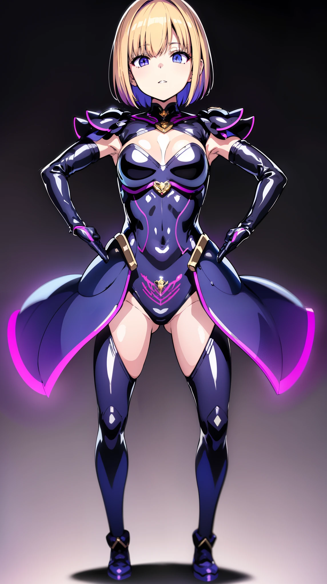 1 female,((Magical girl)),17 years old,clavicle, (yellow hair,short hair),absurd,No expression, empty eyes,Eyes glowing purple, small breasts, haigure, 全身figure,  (highest quality、4k、8k、High resolution、must have:1.2)、Super detailed、(reality、realisticです、realistic:1.37)、ticker、hyper hd、studio lighting、ultra definition paint、sharp focus、Physically based rendering、extreme details、Professional specifications、vibrancy and color、blurry、sports portrait、landscape、horror style、anime big breasts、SF、photograph、concept artist、five fingers, perfect body,  {{{masterpiece}}}, {{{highest quality}}}, {{super detailed}}, {figure}, {{very delicate and beautiful}},Promoting cost performance、all roles、Canon 5D MK4でphotograph、sprinkle、photograph, 