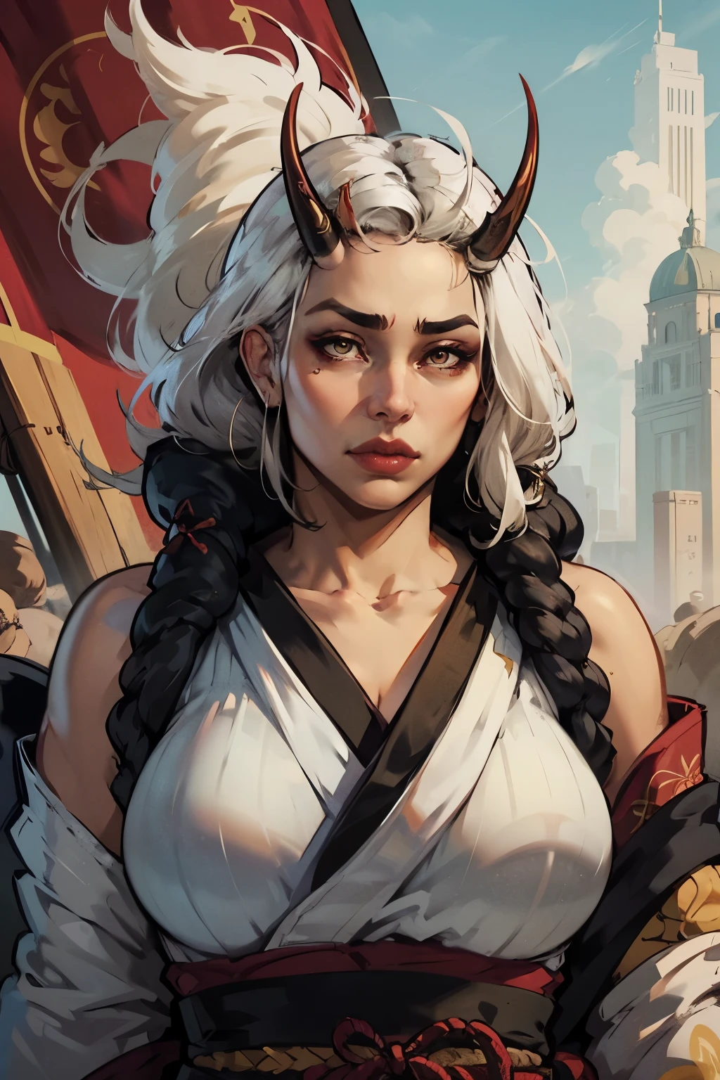 beautiful asian oni female warrior, wearing short fall off shoulders kimono ,((laide down)),  with thick curvy mature body yet muscular, long and voluminous white hair blown by the wind, 2 long oni horns, reddish fair skin , perfect face features expressive eyes , thick lips,