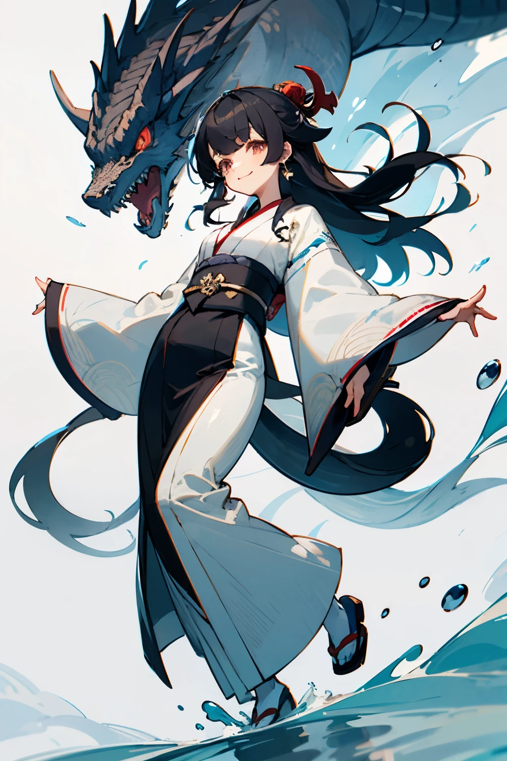 kimono，and、dragon horn and tail、water，White base，long hair that reaches waist，black hair，Drooping eyes，Round eyes，smile，cute，whole body