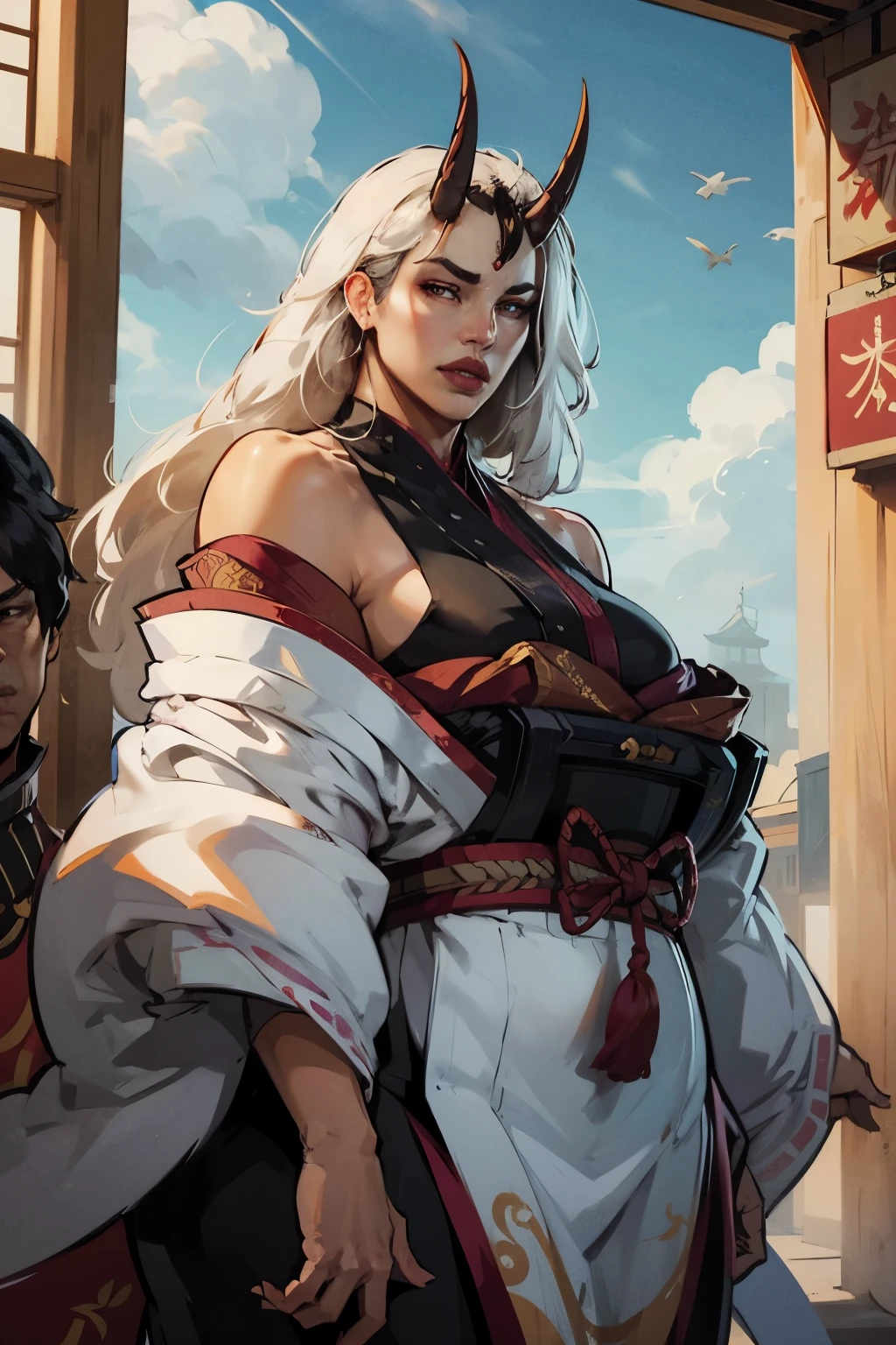 beautiful asian oni female warrior, wearing short fall off shoulders kimono ,((laide down)),  with thick curvy mature body yet muscular, long and voluminous white hair blown by the wind, 2 long oni horns, reddish fair skin , perfect face features expressive eyes , thick lips,