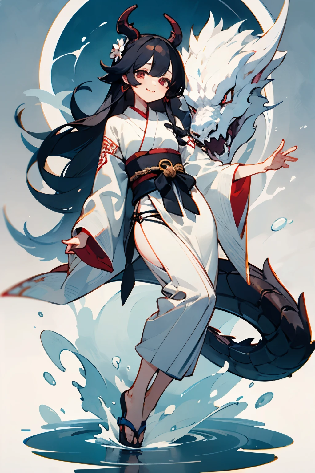 kimono,and、dragon horn and tail、water,White base,long hair that reaches waist,black hair,Drooping eyes,Round eyes,smile,cute,whole body