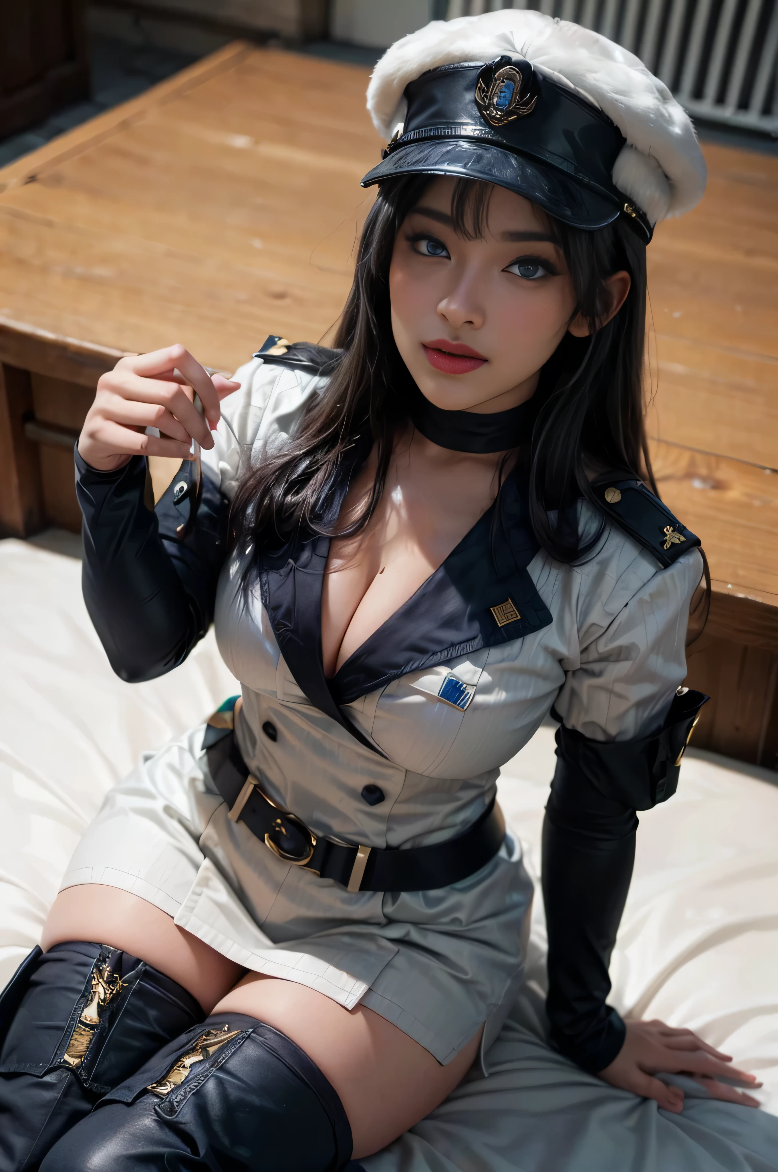 (female:1.2), 8k, ultra hd, ultra detailed texture, hyper realistic, masterpiece, detailed texture, detailed face, detailed skin, detailed lighting, (photorealistic:1.5), best quality, beautiful lighting, cinematic lighting, professional lighting, ultra highres, realistic, detailed hair, real hair, high quality, (realskin:1.5), extremely detailed, finely detail, ultra-detailed, 1girl, solo, goddes, (blue eyes:1.5), red lips, parted lips, nose, white skin, pretty, beautiful, details black hair, military uniform, military hat