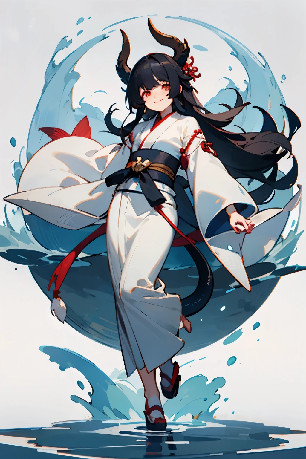 kimono,and、dragon horn and tail、water,White base,long hair that reaches waist,black hair,Drooping eyes,Round eyes,smile,cute,whole body