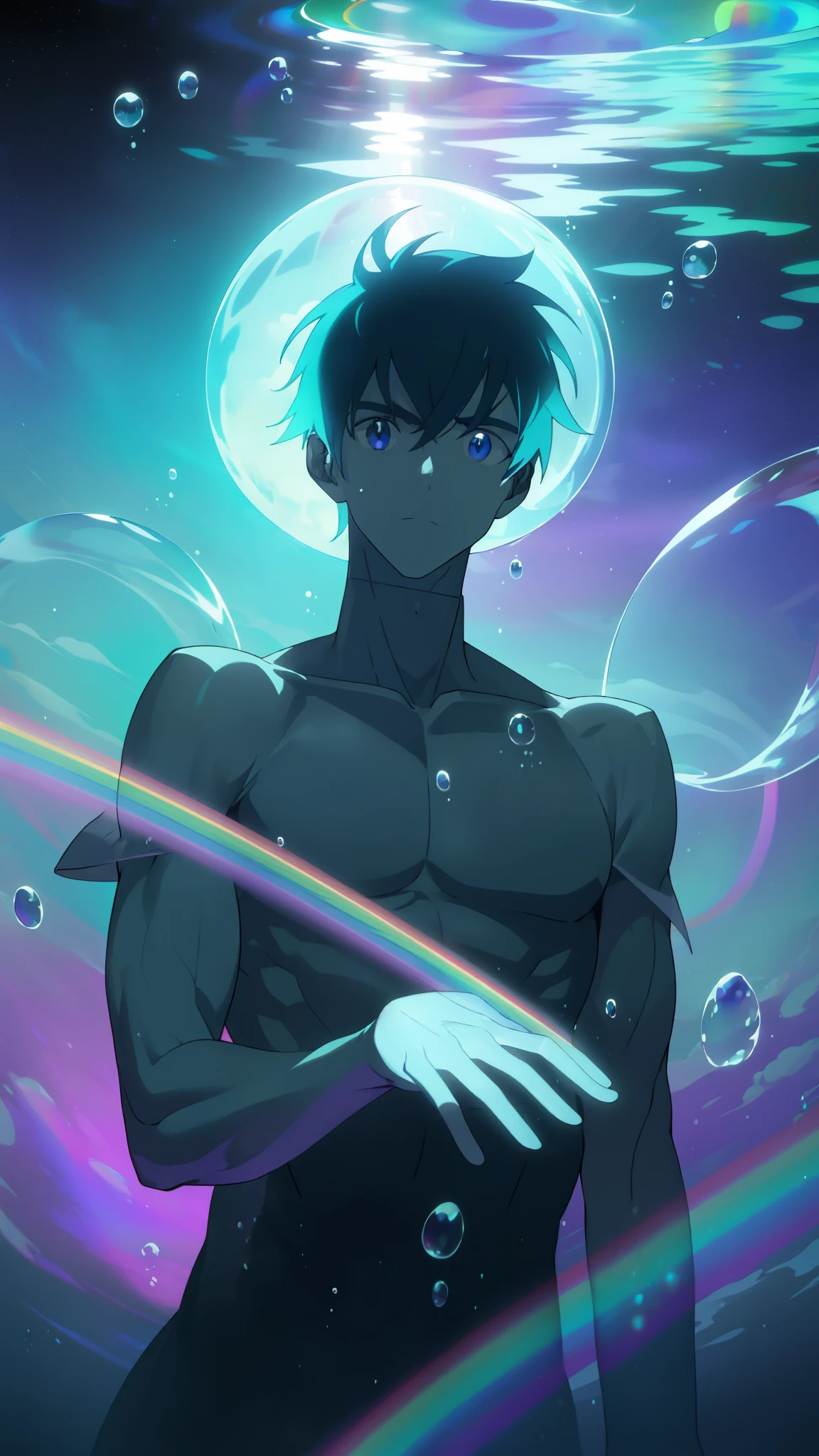 masterpiece, best quality, 1 male, adult, mature, tall muscular guy, Dark theme, Magic circle, bubble, rainbow Sunlight, Underwater, Reflected mirror, floating piece of Glass, Rainbow light, Bubble Swirling, wind Swirling, Aurora, fantasy scenery, Starlight around the character, (upper body)
