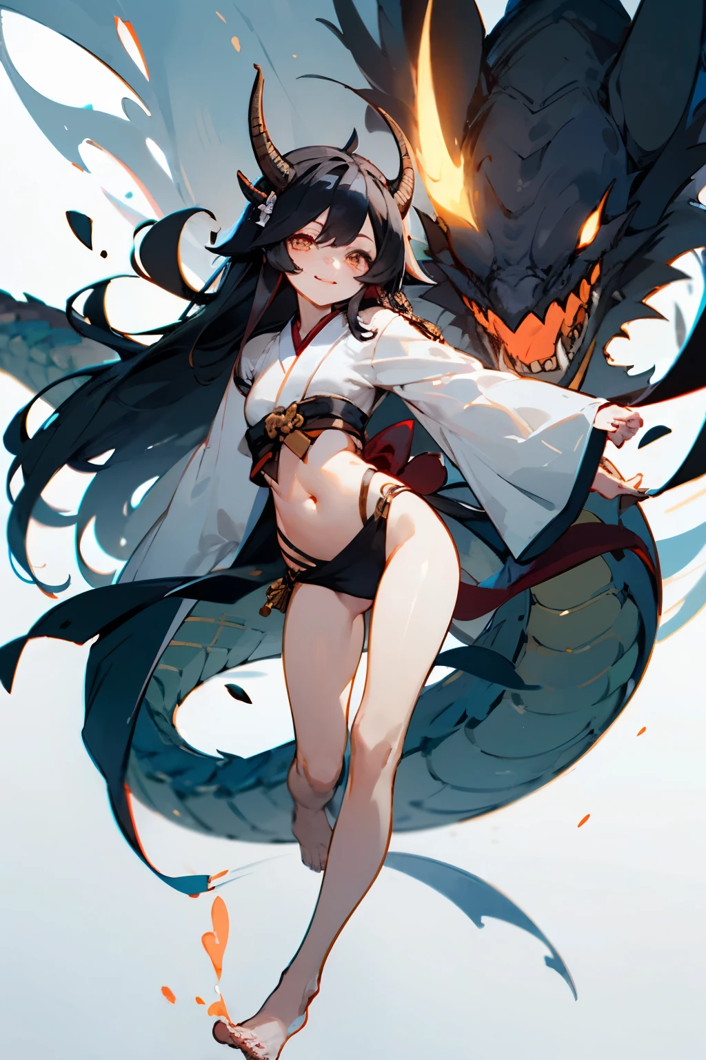 dragon personification,Horn,long,black hair,long hair that reaches waist,kimono,Navel exposed,barefoot,Drooping eyes,Round eyes,smile,cute,Bewitching,Darkness