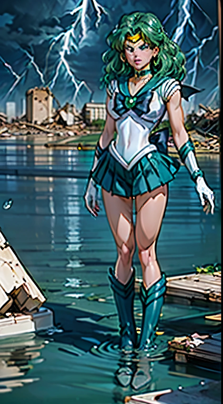 ((cinematic lighting)), (detailed skin), ((paintstrokes)),1girl, marinero Neptuno, (Uniforme Sailor Senshi:1.4), cabello verde oscuro, cabello mediano, Falda suplicante, La mejor calidad, Pendientes, Obra maestra, High resolution, Detalles intrincadoangwa style )), photographic, (Guantes blancos de codo:1.1), jewely, pecho mediano, cuerpo completo, dynamic background, Dynamic posture, tacones altos,,((slenderest abore detailed 8K.motor irreal:1.4,UHD,La mejor calidad:1.4, fotorrealista:1.4, textura de la piel:1.4, obra maestra:1.8,obra-prima, mejor calidad,objeto Objeto], (detailed face features:1.3),(manos Detallado),(Apocalyptic destroyed city:1.7),(white Botas por encima de la rodilla: 1.4), gargantilla, (Guante Blanco:1.4), gargantilla verde, ((muscular legs)), Arboledas de codos, jewely, pendientes, falda verde, only one, cuerpo completosbian, pelos verdes,(fondo atardecer:1.4),(Sailor neptune:1.4),(medio cuerpo:1.4),4 k detail fantasy,(Realista,, Realista: 1.37),(manos detailed),(blue background water thunder lightning rain water drops falling:1.4)