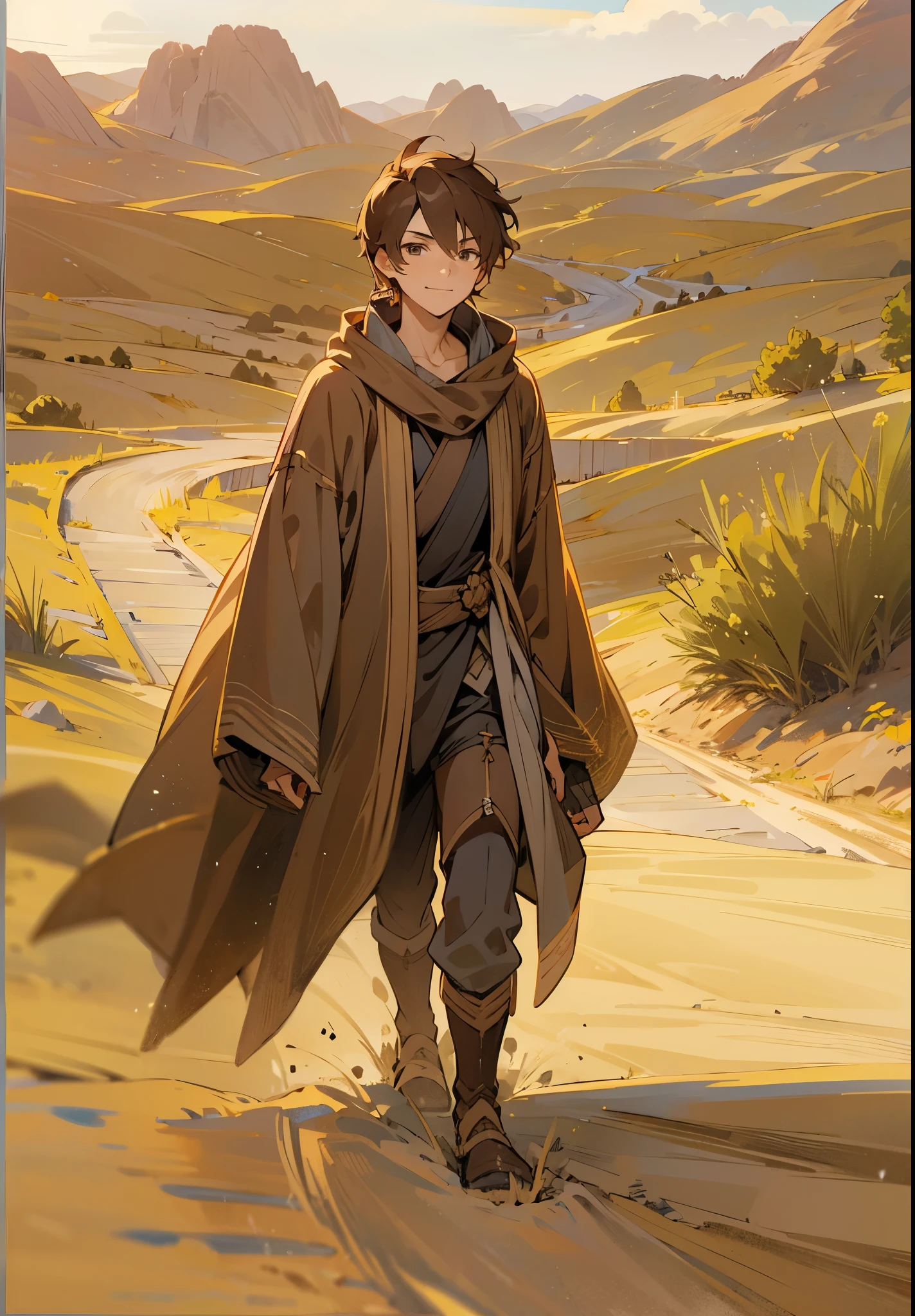 1male, Teen, Brown Hair, Short Hair, Hazel Eyes, Jedi Clothing, Brown Cloak, Desert, Walking on Path, Sun, Smirk