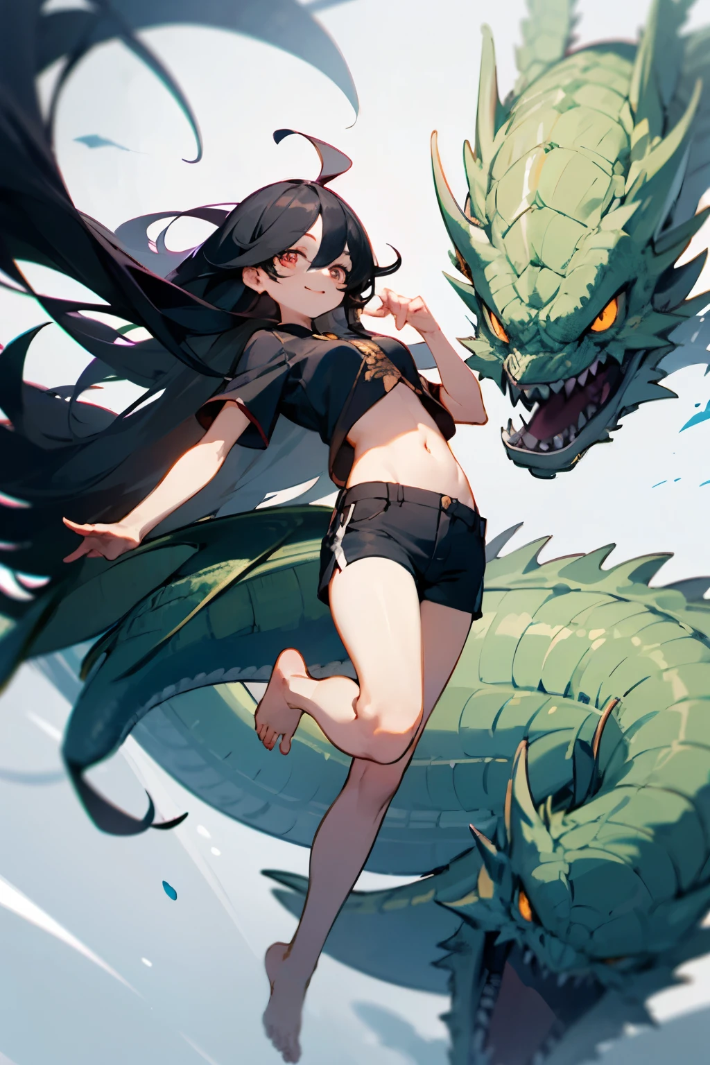 long，black hair，long hair that reaches waist，dragon，and，Navel exposed，barefoot，Shorts，Drooping eyes，Round eyes，smile，cute，Bewitching，Darkness
