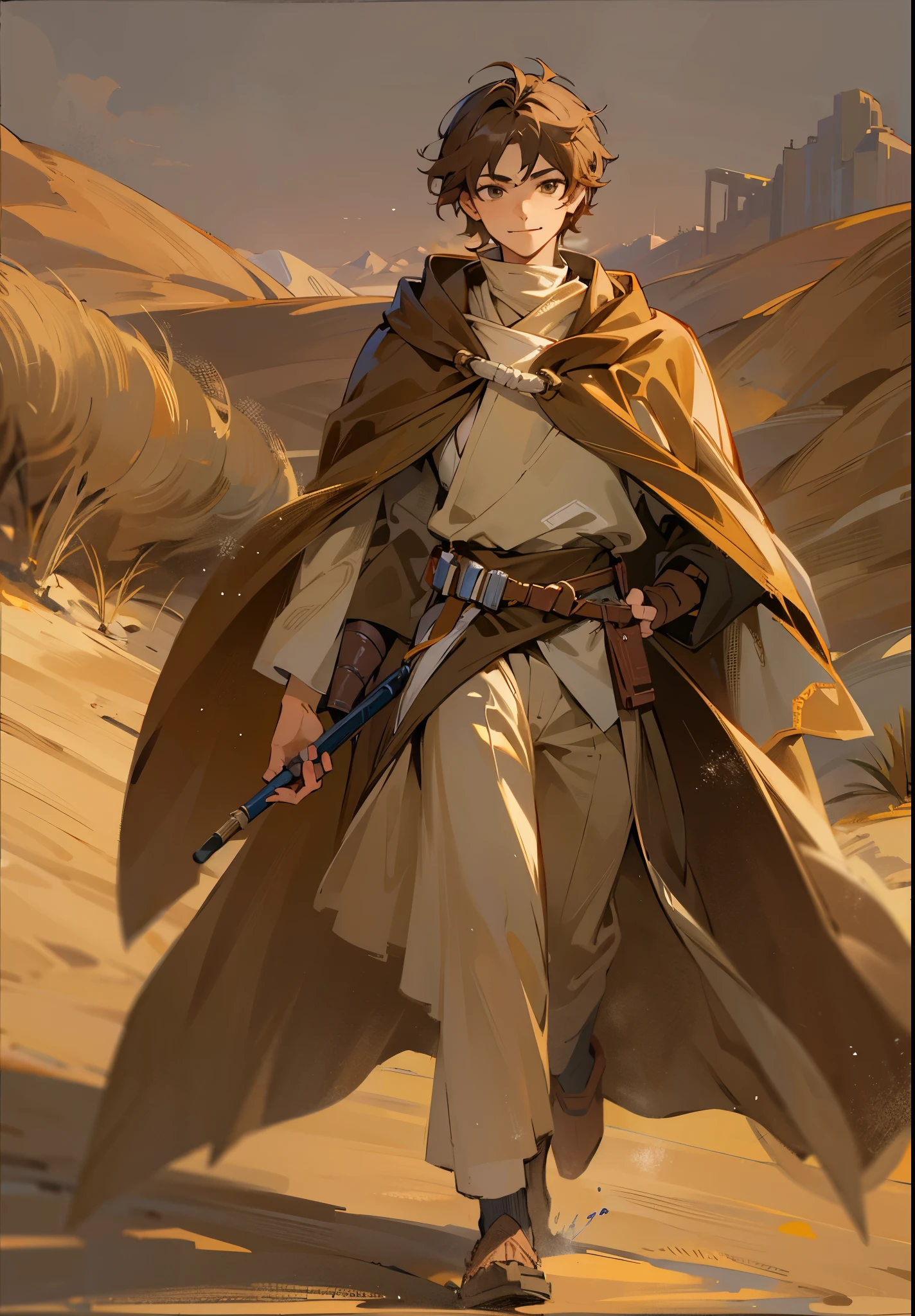 1male, , Brown Hair, Short Hair, Hazel Eyes, Jedi Clothing, Brown Cloak, Desert, Walking on Path, Sun, Smirk