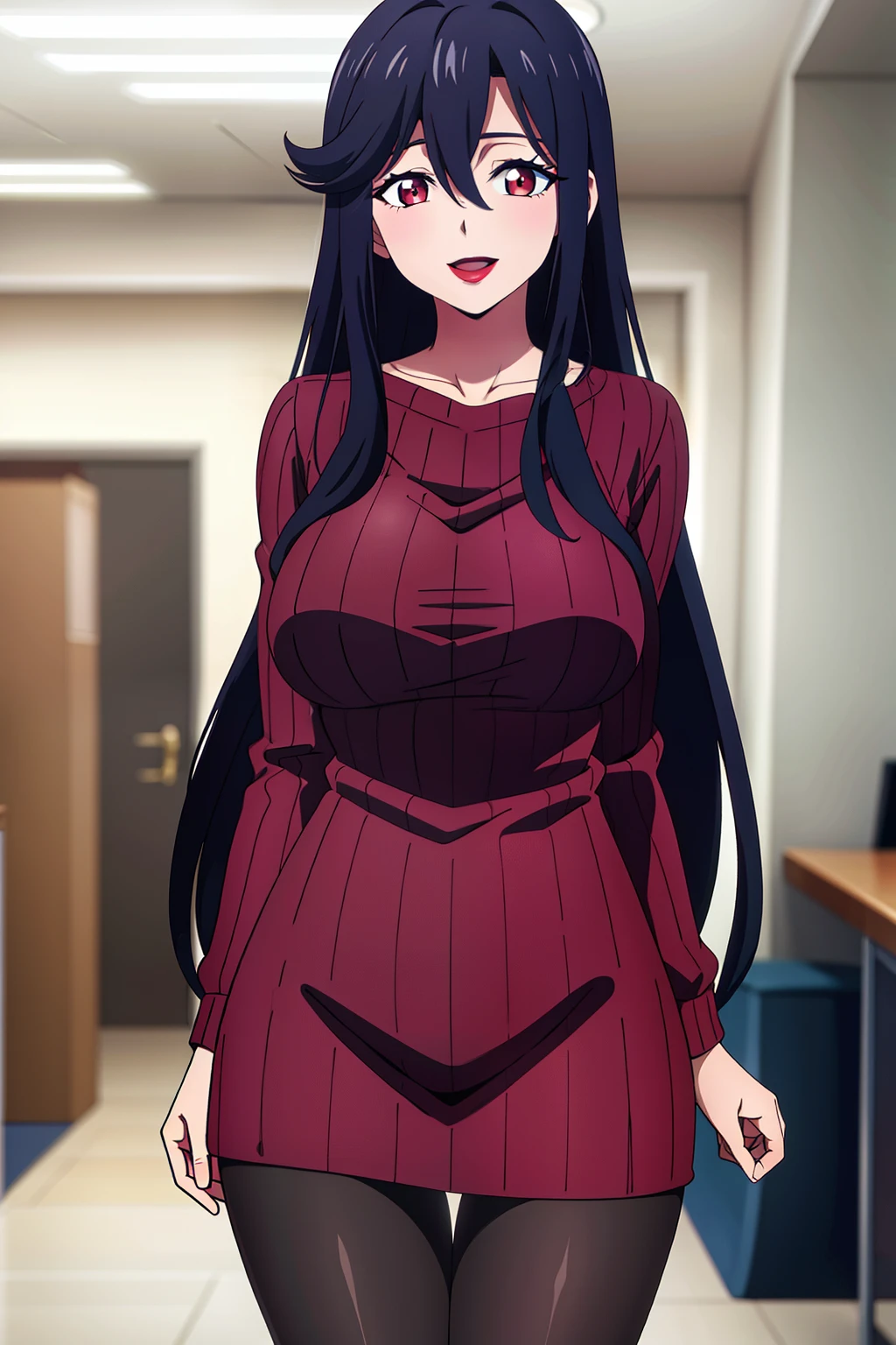 masterpiece, perfect lighting, (beautiful, best quality:1.3), perfect eyes, absurdres, 8k,
1girl, solo, (absurdres), finely detail, 
long hair, saori_ohtori, black hair, , red eyes,  smile, hair between eyes, large breasts, long legs, skinny, (lipstick:1.1), :d, 
(red ribbed sweater:1.1), black shirt, pantyhose,