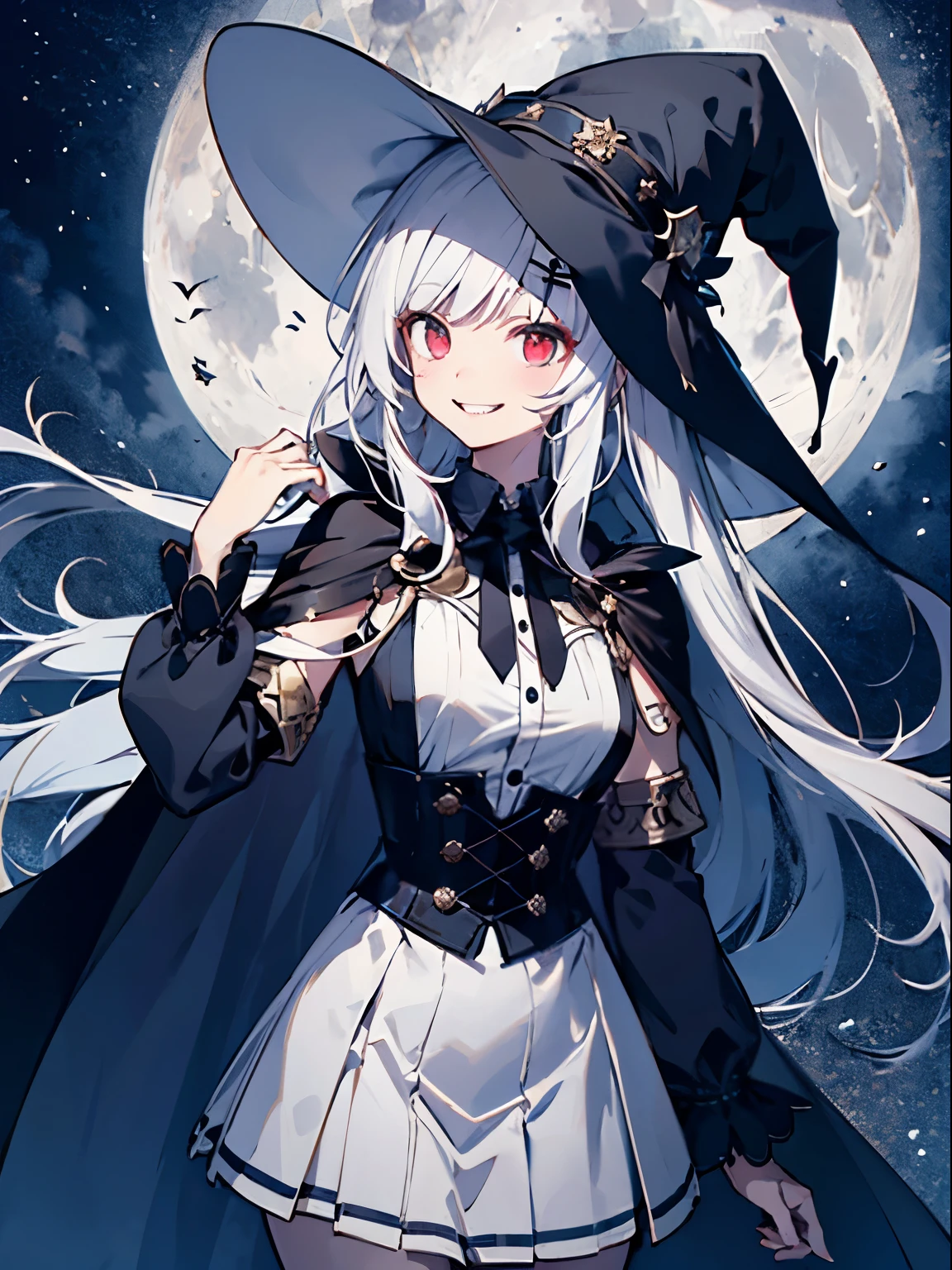 young girl、human、A magician who always smiles、large witch hat 、cute、long white hair、Red eyes and glazed eyes、Bangs are heavy、Thin eyebrows、fantasy、intake、double teeth、star motif、Seiza motif、monochrome clotheetal look decoration、cape、A little dark atmosphere、a little crazy smile、Outside at night when the moon shines、larger moon、blood return、black star hair ornament、short tie、No nails、high waist skirt、flared sleeves、long sleeve shirt、black tie、Low exposure