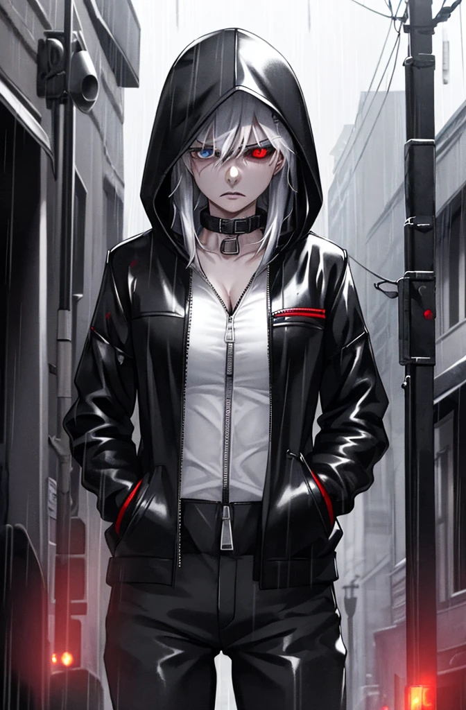 1 sexy female character, Kaneki Fem, unbuttoned hoodie, dripping rain, Red and black and white color palette, detailed eyes and face, One, heterochromia, Black background, bang, red eyes black sclera, blue eyes normal sclera, black and white long hair, Menacing aura, dark atmosphere, mysterious atmosphere, Intense expression, urban setting, Smoke and shadows, haunting presence, stylish and edgy, ray tracing, perfect combination of light and dark, gaze, Captivating presence, smooth and sharp, Contrast of red and black, ((supernatural abilities suggested)), Rain-drenched streets, atmosphere of danger, Mysterious personality, urban gothic aesthetic, Stormy weather, exciting and alluring, shade of blood red, smoky streets, thoughtful protagonist, stormy skies,(unbutton your pants),(Open the bottom zipper), (Best quality, 8K, A high resolution)