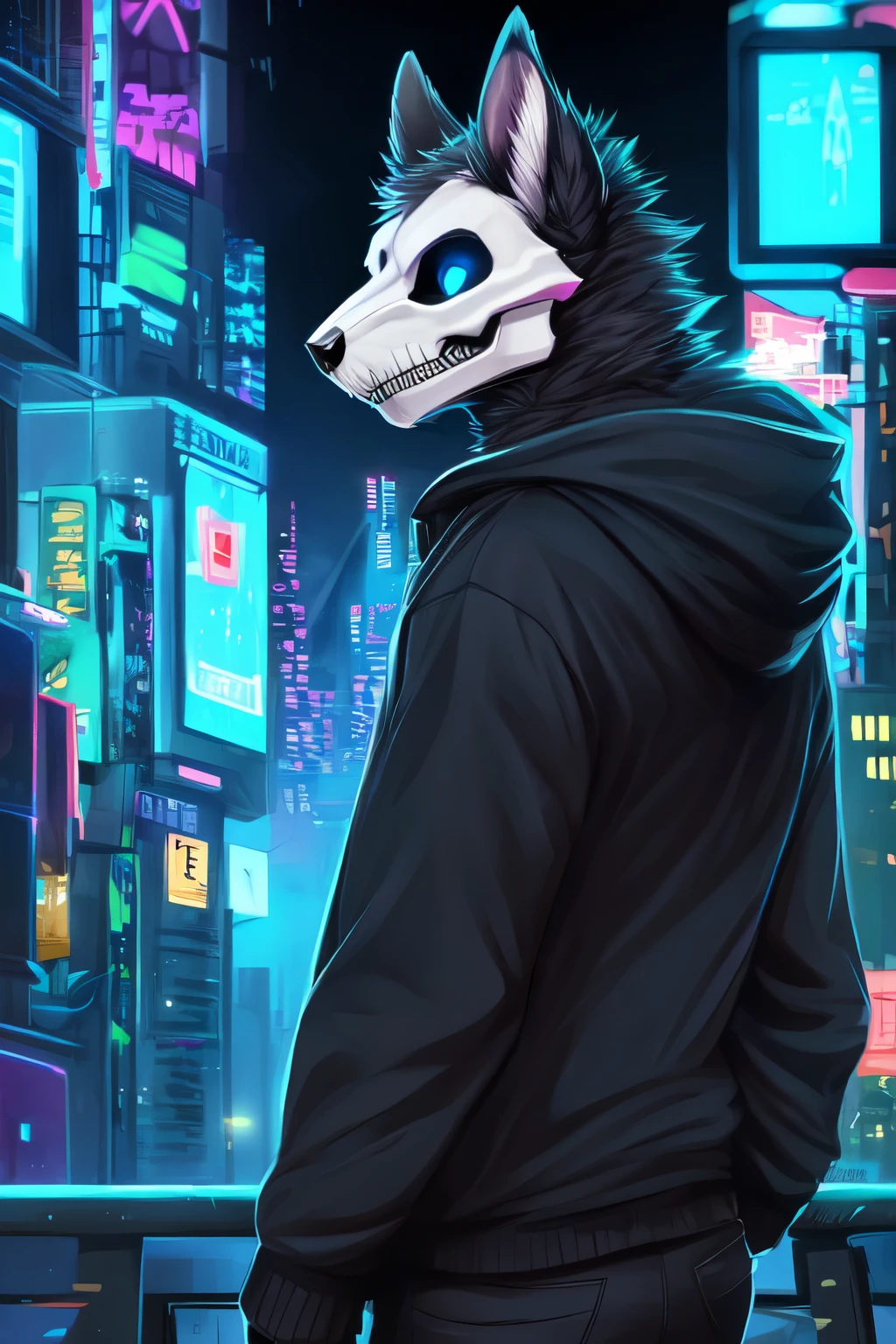 by angiewolf, hioshiru, skulldog, skull face, anthro, male, solo, clothing, gray fur, black clothing, hoodie, black topwear, lidded eyes, black hoodie, cyberpunk city background, black fur, white face. looking into distance, blue eyes, back view