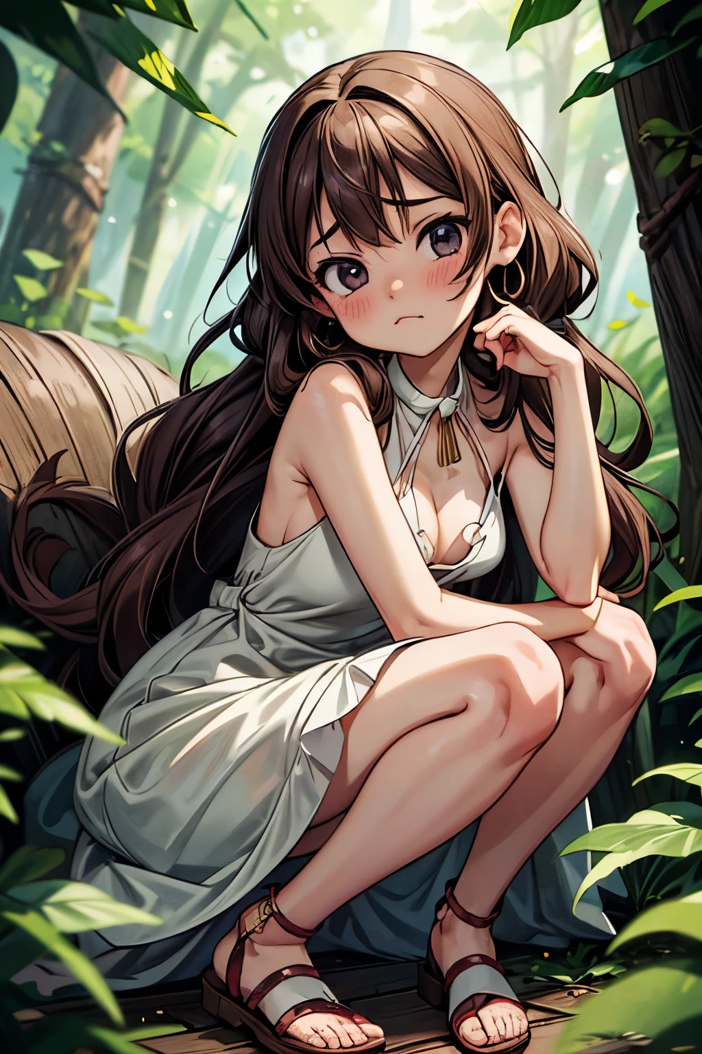 ((Masterpiece)), (Anime:1.5), ((best quality)), (Professional Photography:1.3), (High Definition), (RAW photo:1.2), (), (small breast), (sad face, very blush), 1girl, slim, slender, silky long hair, beautiful low-cut, leaning forward, facing viewer, (O-ring), (plunging-neck sexy dress:1.4), V-neck, strappy sandals, simple hoop earrings, shell necklace, on forest, (cute pose), slender waist,