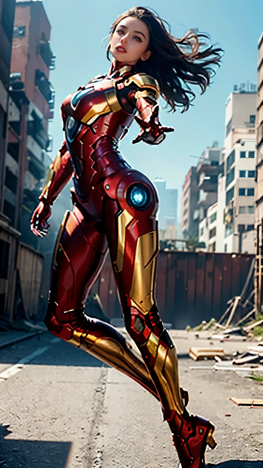 RAW, Masterpiece, Ultra Fine Photo,, Best Quality, Ultra High Resolution, Photorealistic, Sunlight, Full Body Portrait, Stunningly Beautiful,, Dynamic Poses, Delicate Face, Vibrant Eyes, (Side View) , she is wearing a futuristic Iron Man mech, red and gold color scheme, highly detailed abandoned warehouse background, detailed face, detailed and complex busy background, messy, gorgeous, milky white, high detailed skin, realistic skin details, visible pores , sharp focus, volumetric fog, 8k uhd, dslr camera, high quality, film grain, fair skin, photorealism, lomography, sprawling metropolis in futuristic dystopia, view from below, translucent