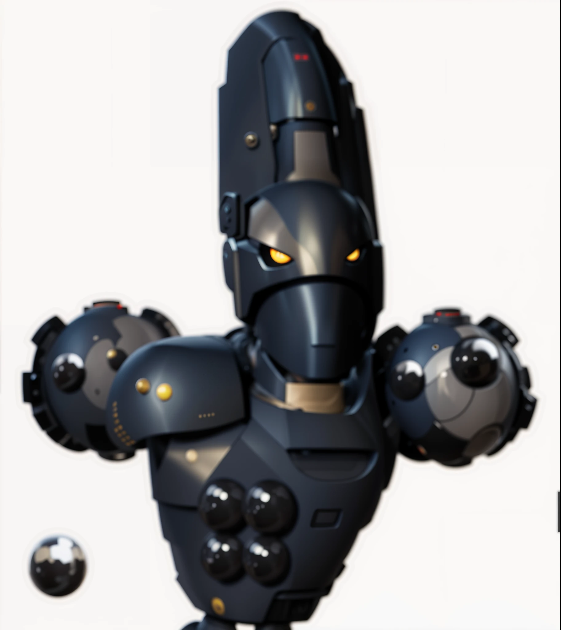 a close up of a robot with a bunch of objects spheres as body , ( ( bullet head) ), [ long head ]!!, [ pectorals, six pack ]!, metal body, bullet hell, dark ( alien robot ), spheres body parts, yellow eyes, heavy shading, [ shards, a raytraced ,2k, ((no humans)), spike ball metal spheres as shoulders, upper body focus, no arms ,no feet , head and chest, head close up, render, spheres as pectorals, oval as mouth under eyes