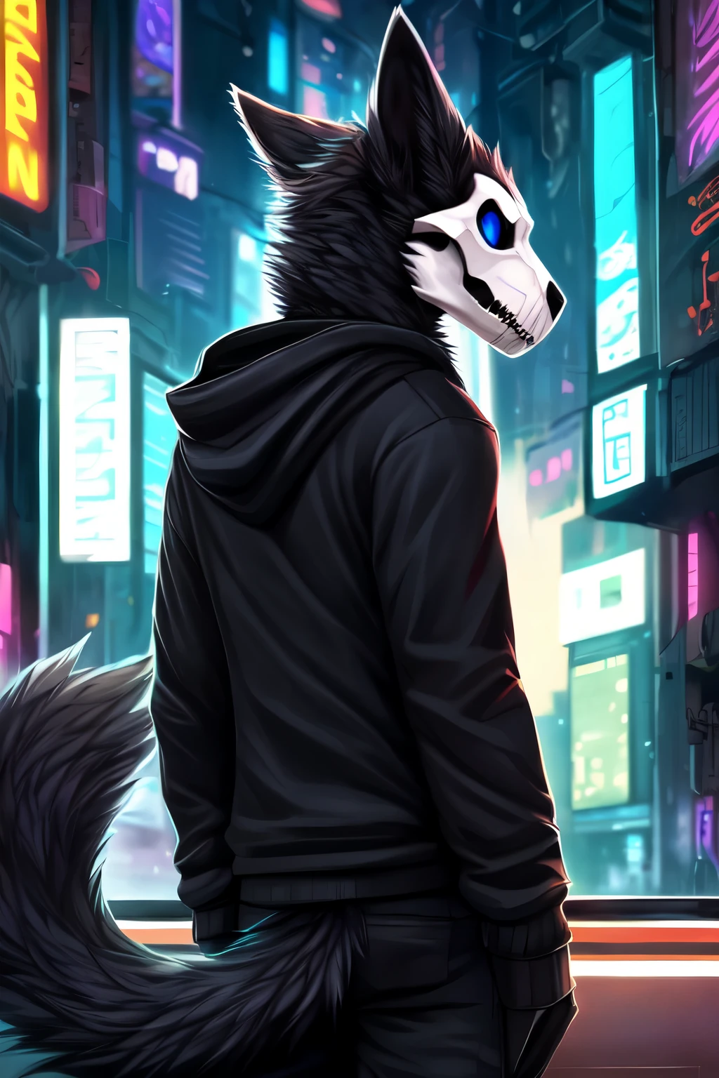 by angiewolf, hioshiru, skulldog, skull face, anthro, male, solo, clothing, gray fur, black clothing, hoodie, black topwear, lidded eyes, black hoodie, cyberpunk city background, black fur, white face. looking into distance, blue eyes, back view, fluffy black tail, pants
