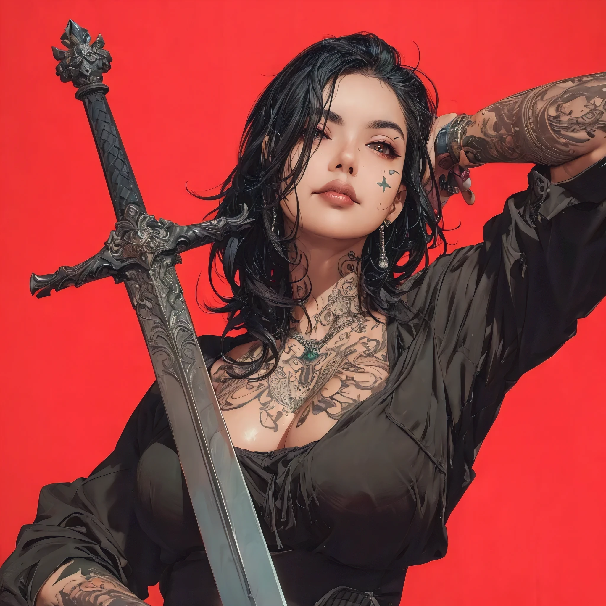 (masterpiece, best quality, photorealistic, ultra-detailed), perfect body, big breasts, heavy set attractive girl with tattoos and piercings holding a knight sword, modern times, selfie style