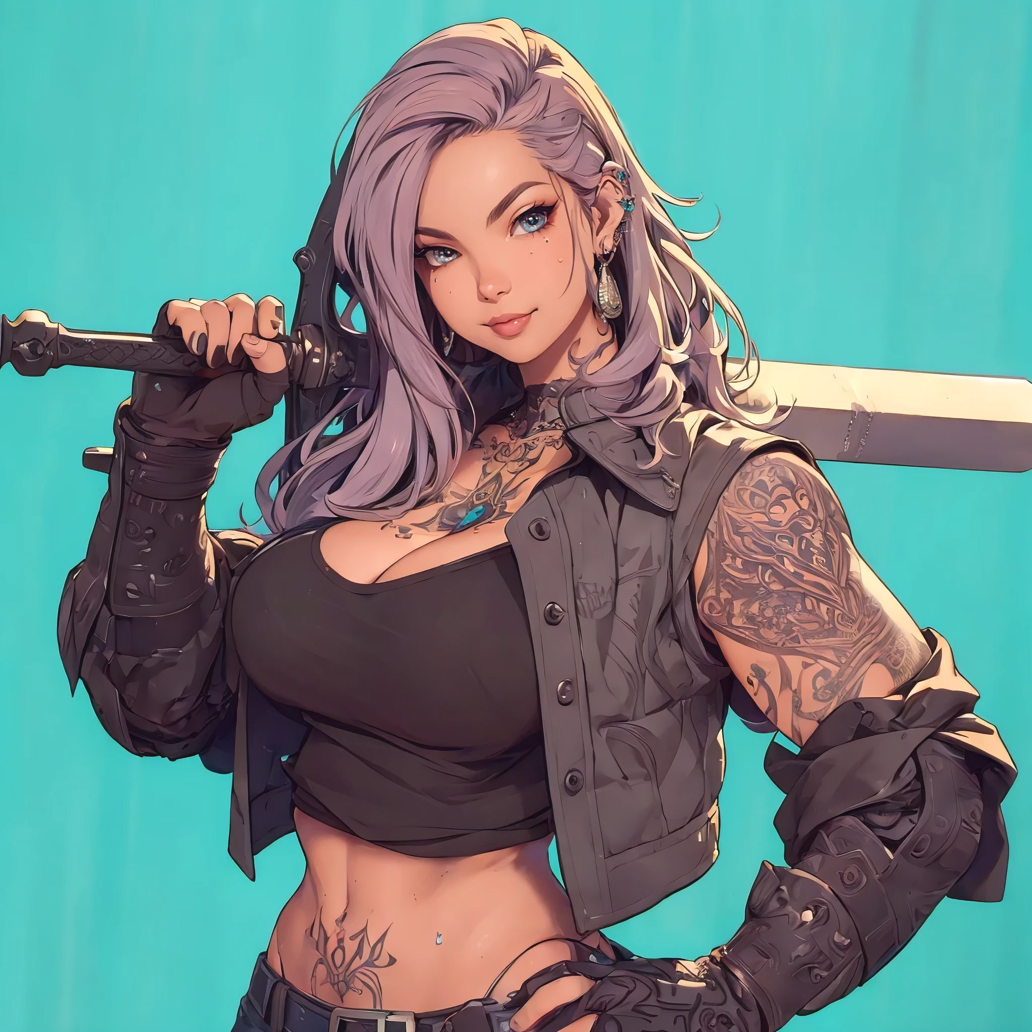 (masterpiece, best quality, photorealistic, ultra-detailed), perfect body, big breasts, heavy set attractive girl with tattoos and piercings holding a knight sword, modern times, selfie style