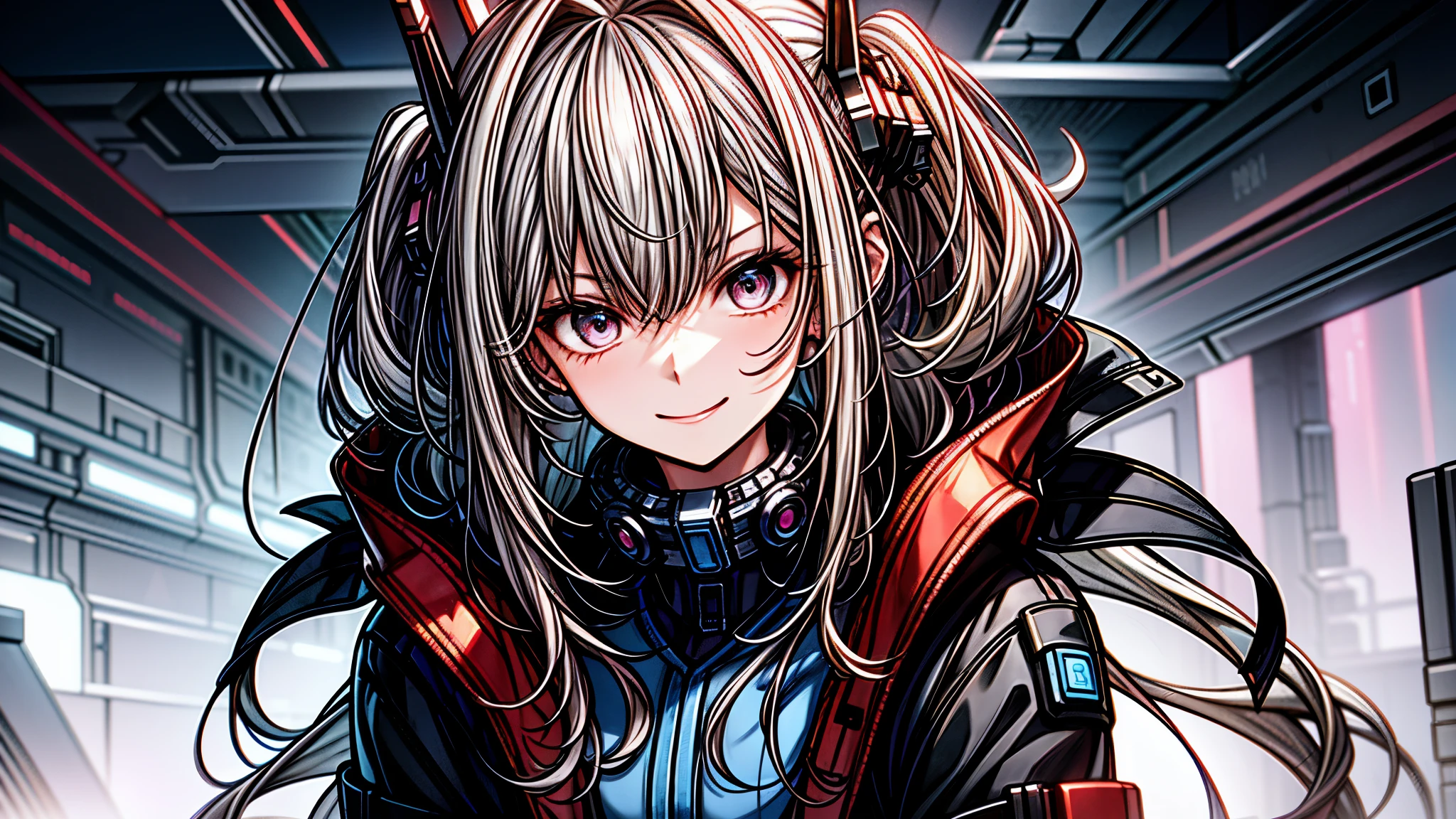 absurd resolution, high resolution, (mesa: 1.4), hiperdetalle, Silver-haired young woman dressed as a technician,Tono rojo de los ojos.、Ojos de tono morado sonrojados.、smiling expression, blue neon、Being in blue cyber space