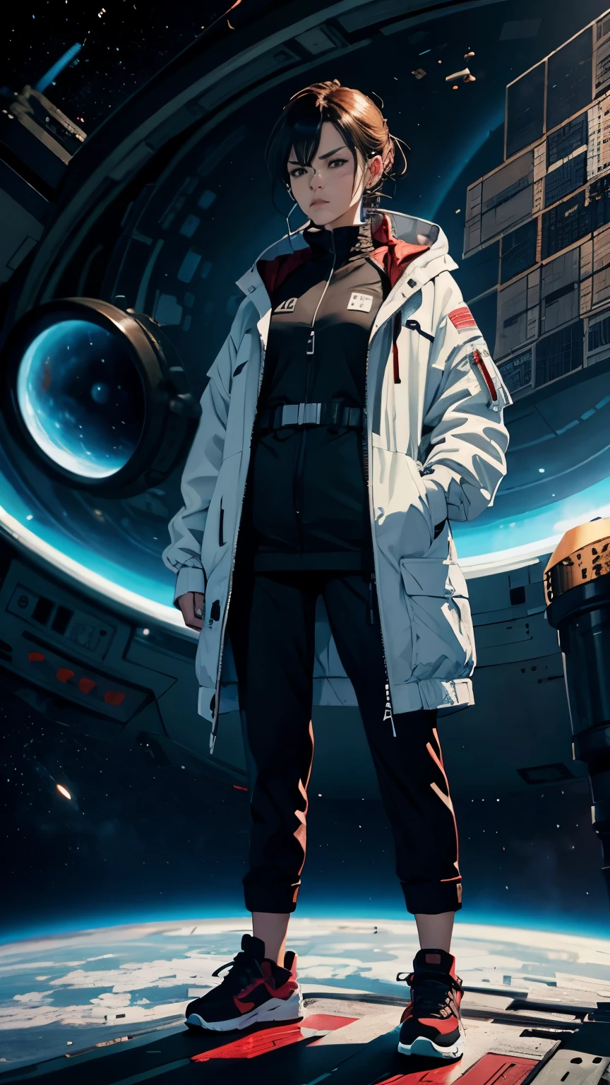 Woman in jacket, smoking, serious expression, space station, middle-aged woman, full height, Sai Fi Clothing, Tired