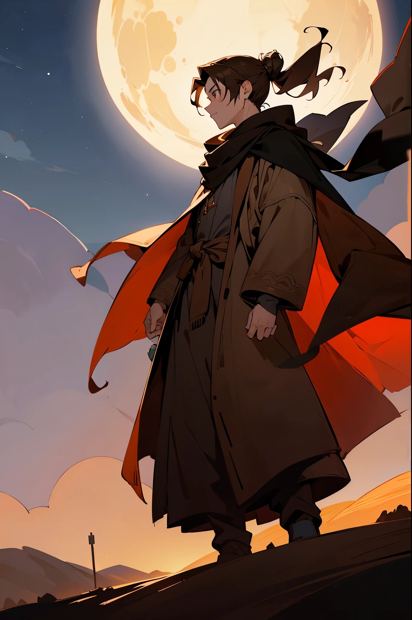 1male, Teen, Brown Hair, Man Bun Hair, Hazel Eyes, Brown Cloak, Desert, standing on Path, moon, night time, black scarf flowing in the wind,