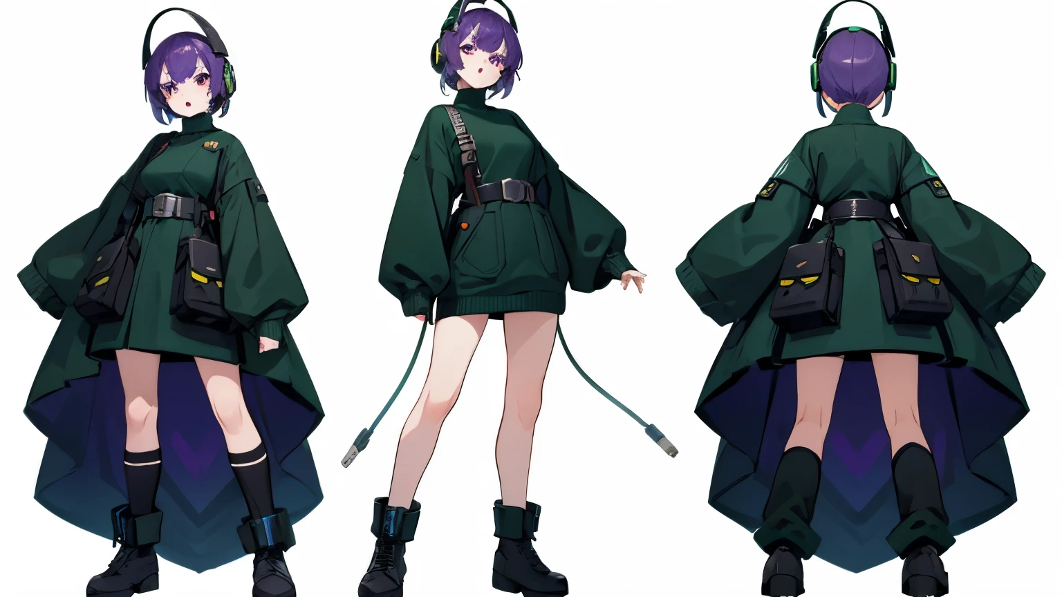 1 woman, (Full body shot:1.5), 1 woman with purple hair, the woman's hair is purple on the outside and dark green on the inside, the woman has purple eyes, woman with short hair, the woman is wearing a long-sleeved sweater with a turtleneck, the sweater the woman is black, black military sweater, black sweater with green prints, green military sweater sleeves, 1 woman with a curious expression, curious expression, open mouth, curious woman, long shot, 1 woman with military headphones, headphones green military, green headphones, white background, 1 woman on a white background, behind the woman a white background, 1 woman alone on a white background, woman with a white background behind.